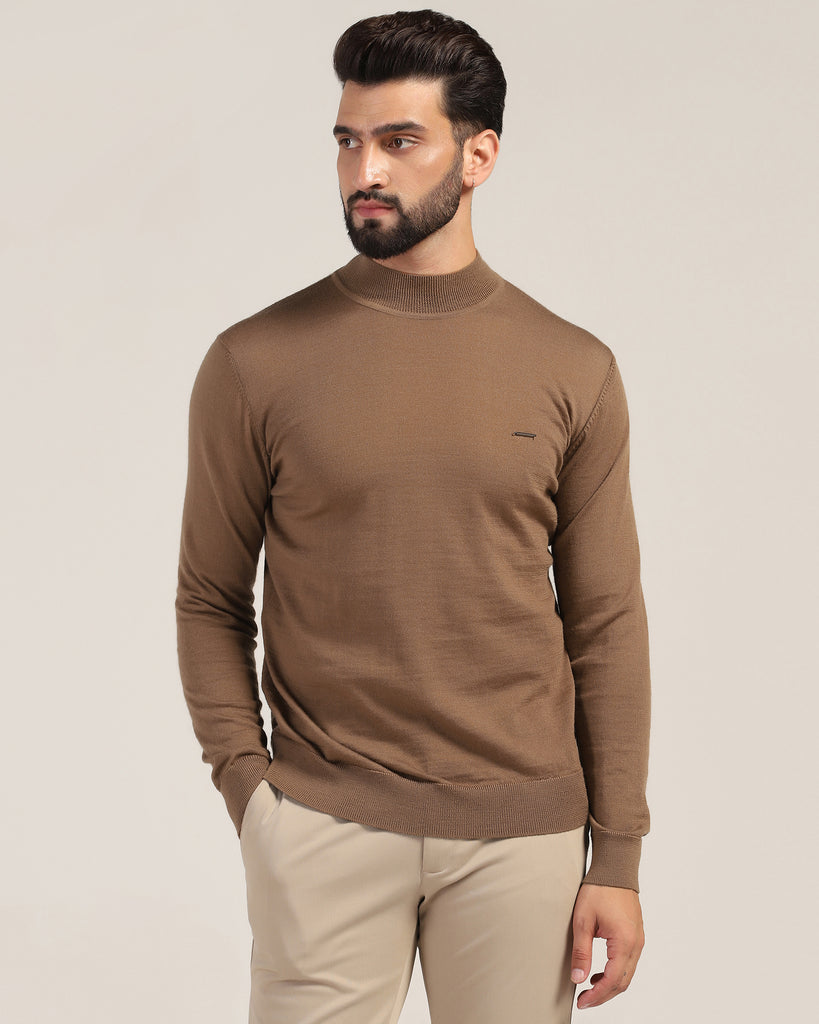 Round Neck Tobacco Brown Solid Sweater - Jester