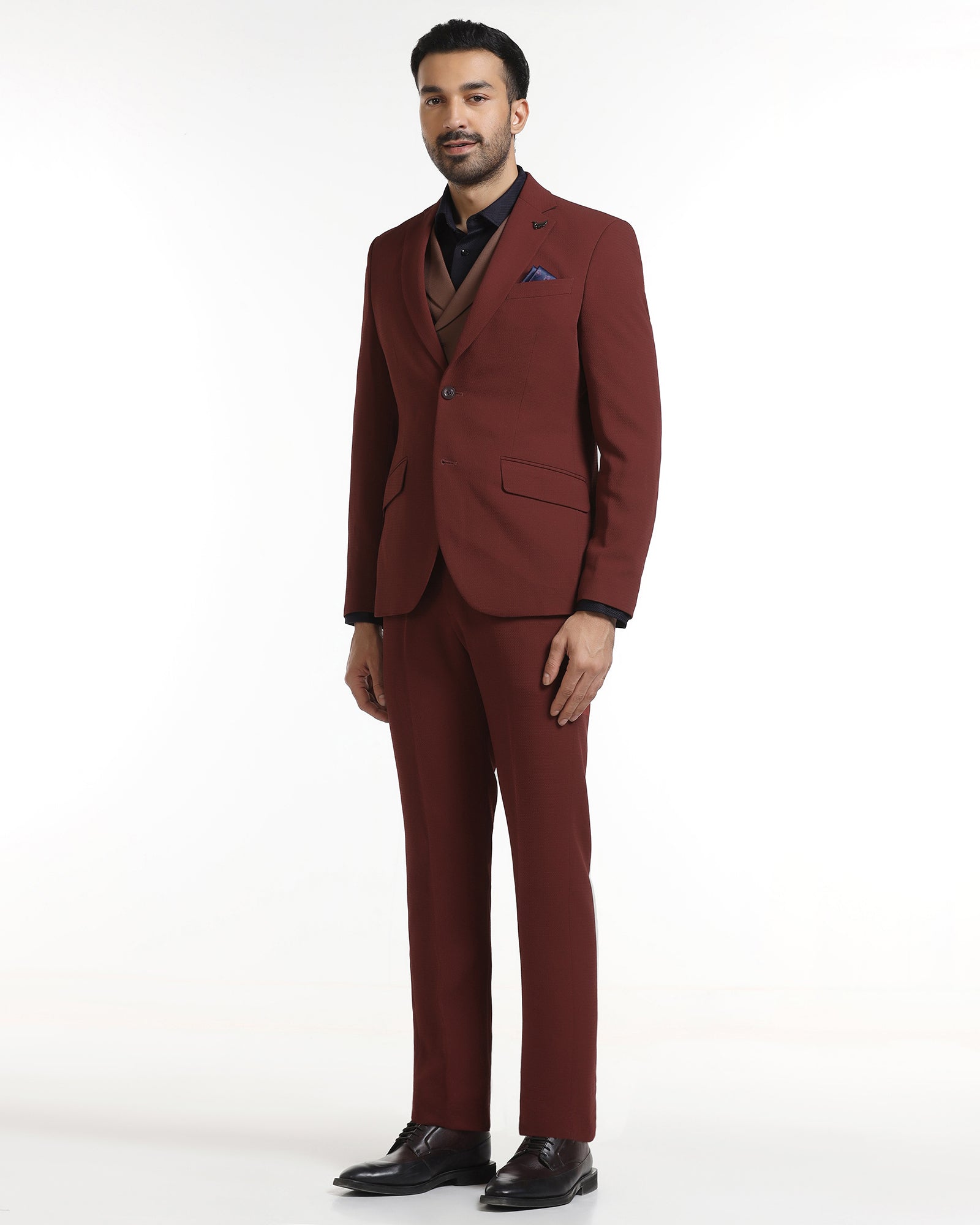Rust Three Piece Textured Suit - Gioni