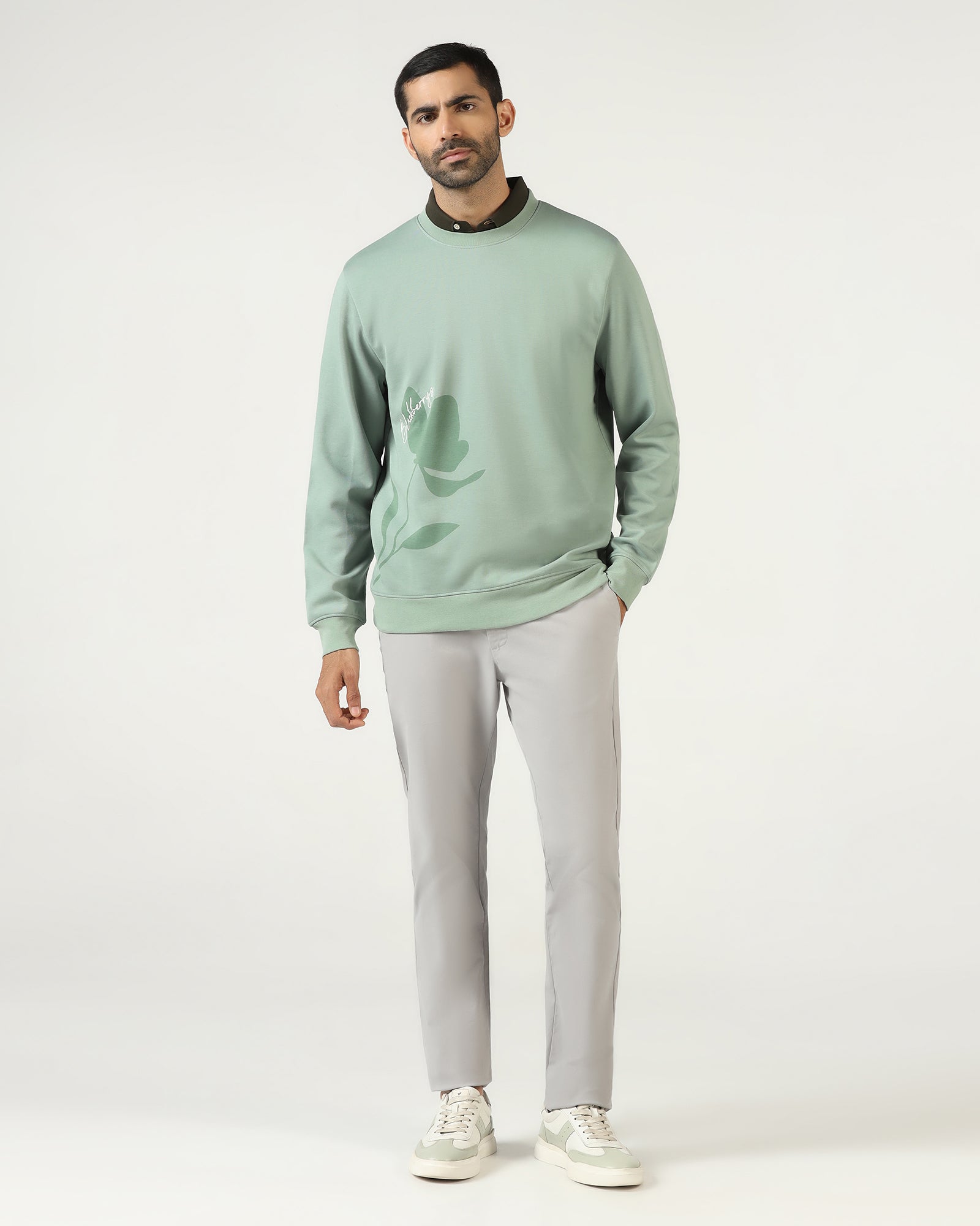 Sage Green Crew Neck Solid Sweatshirt - Eve
