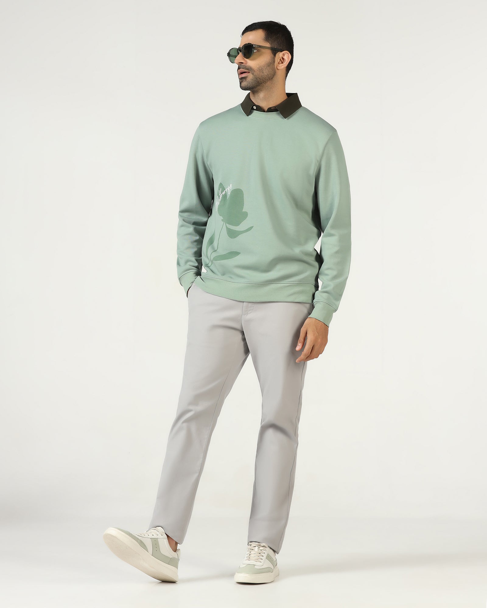 Sage Green Crew Neck Solid Sweatshirt - Eve