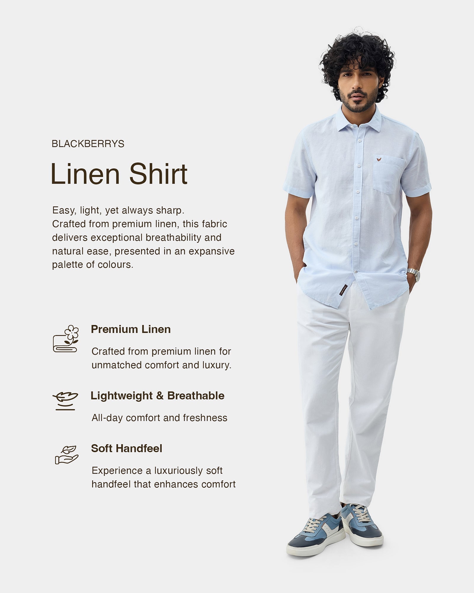 Sky Blue Half Sleeve Linen Solid Shirt - Cleo