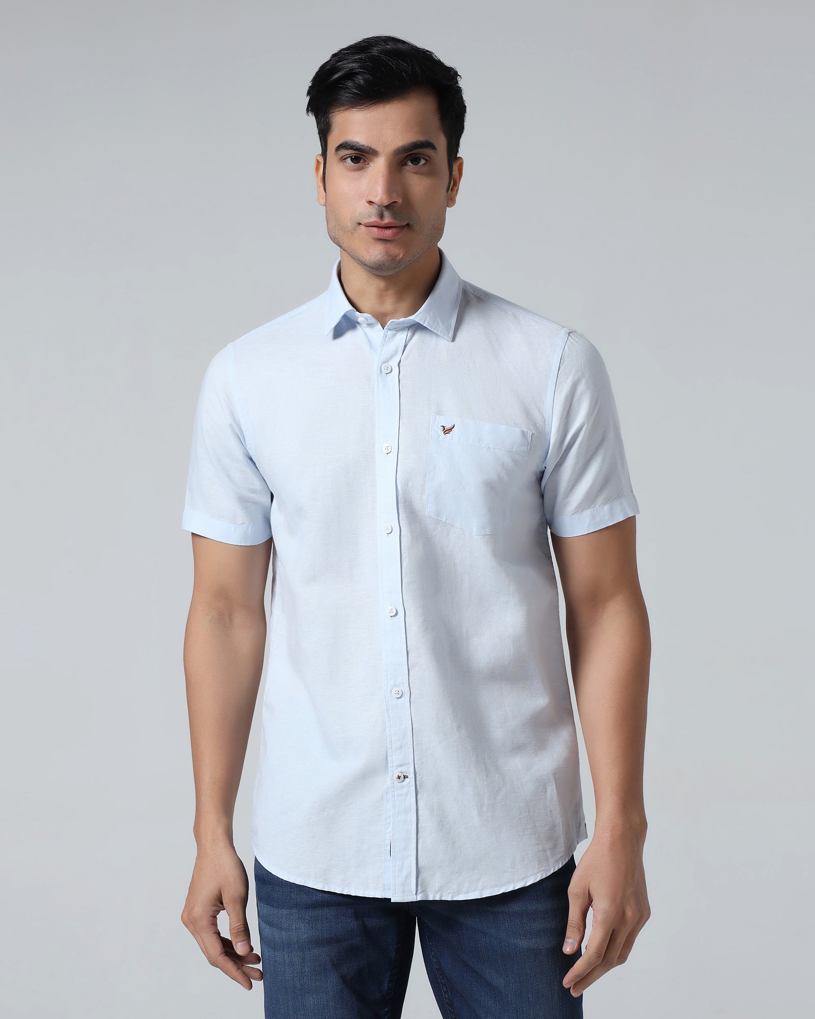 Sky Blue Half Sleeve Linen Solid Shirt - Cleo
