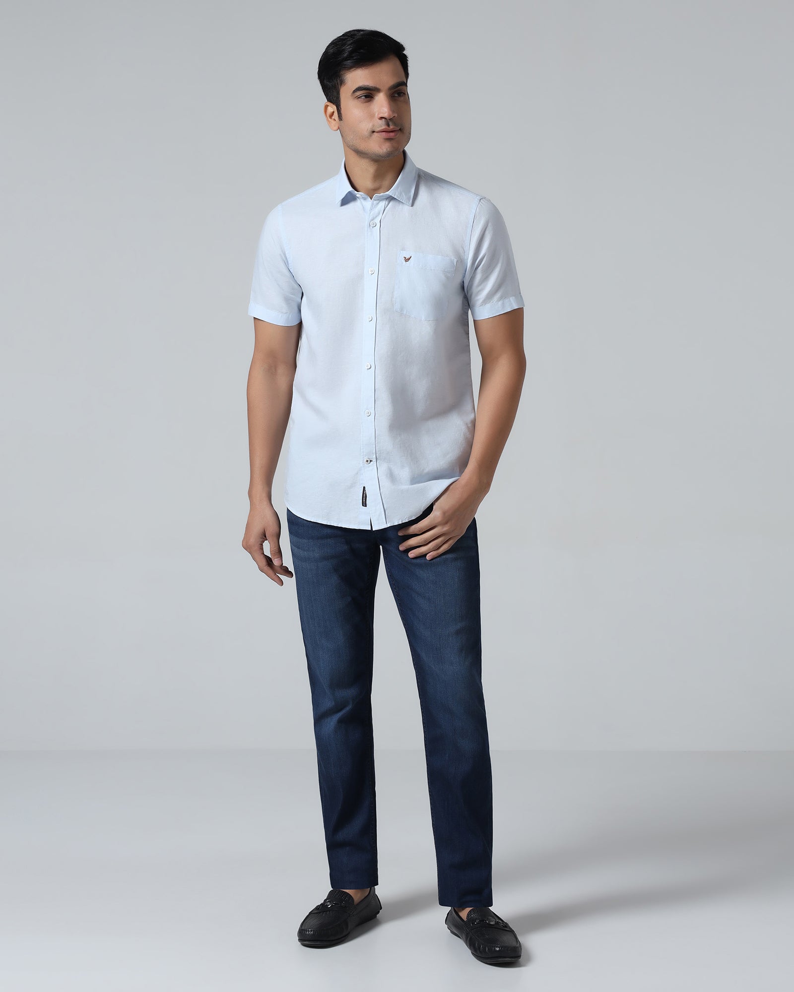 Sky Blue Half Sleeve Linen Solid Shirt - Cleo