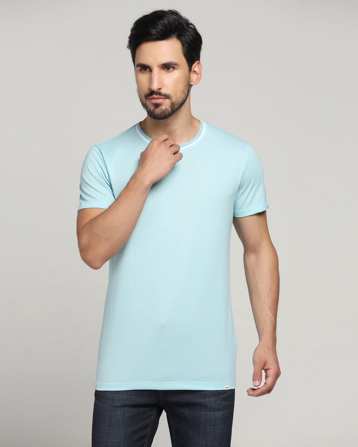 Crew Neck Air Blue Solid T-Shirt - Deep