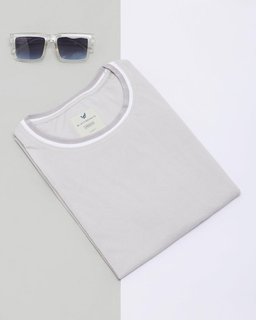 Crew Neck Grey White Solid T-Shirt - Deep