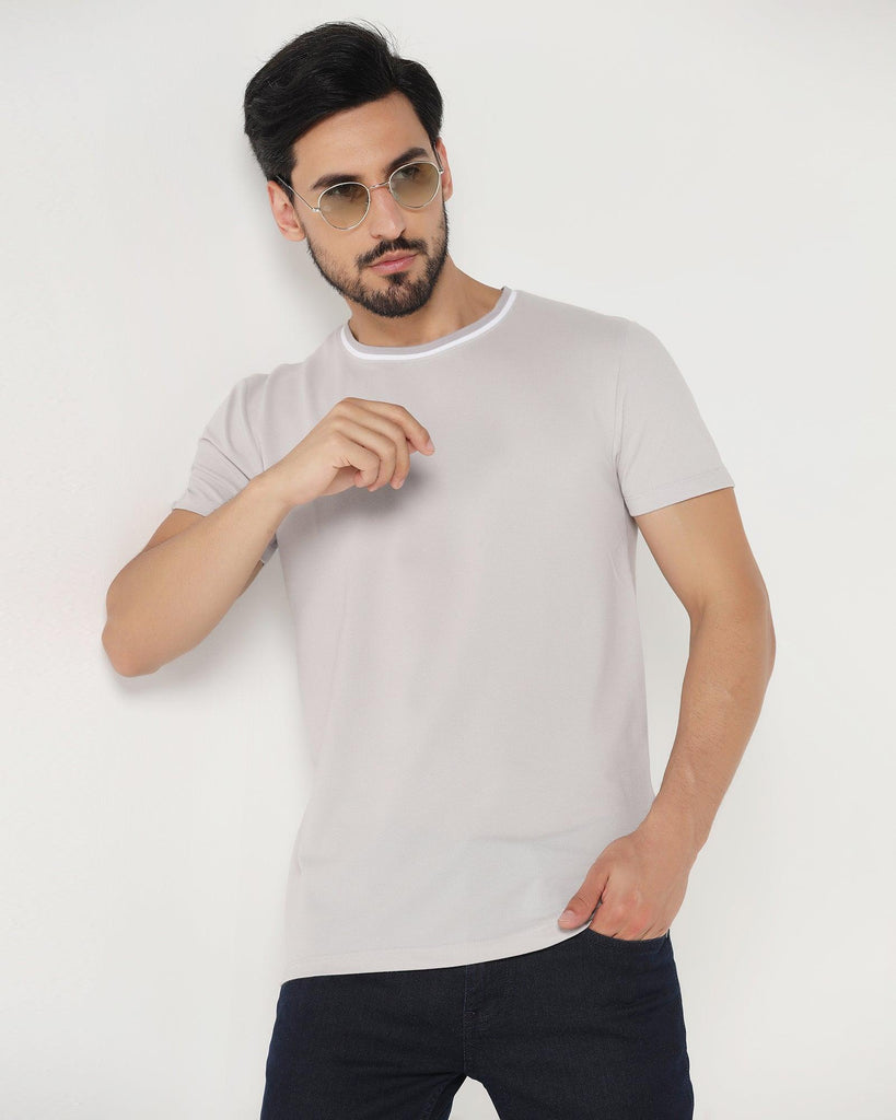 Crew Neck Grey & White Solid T-Shirt - Deep