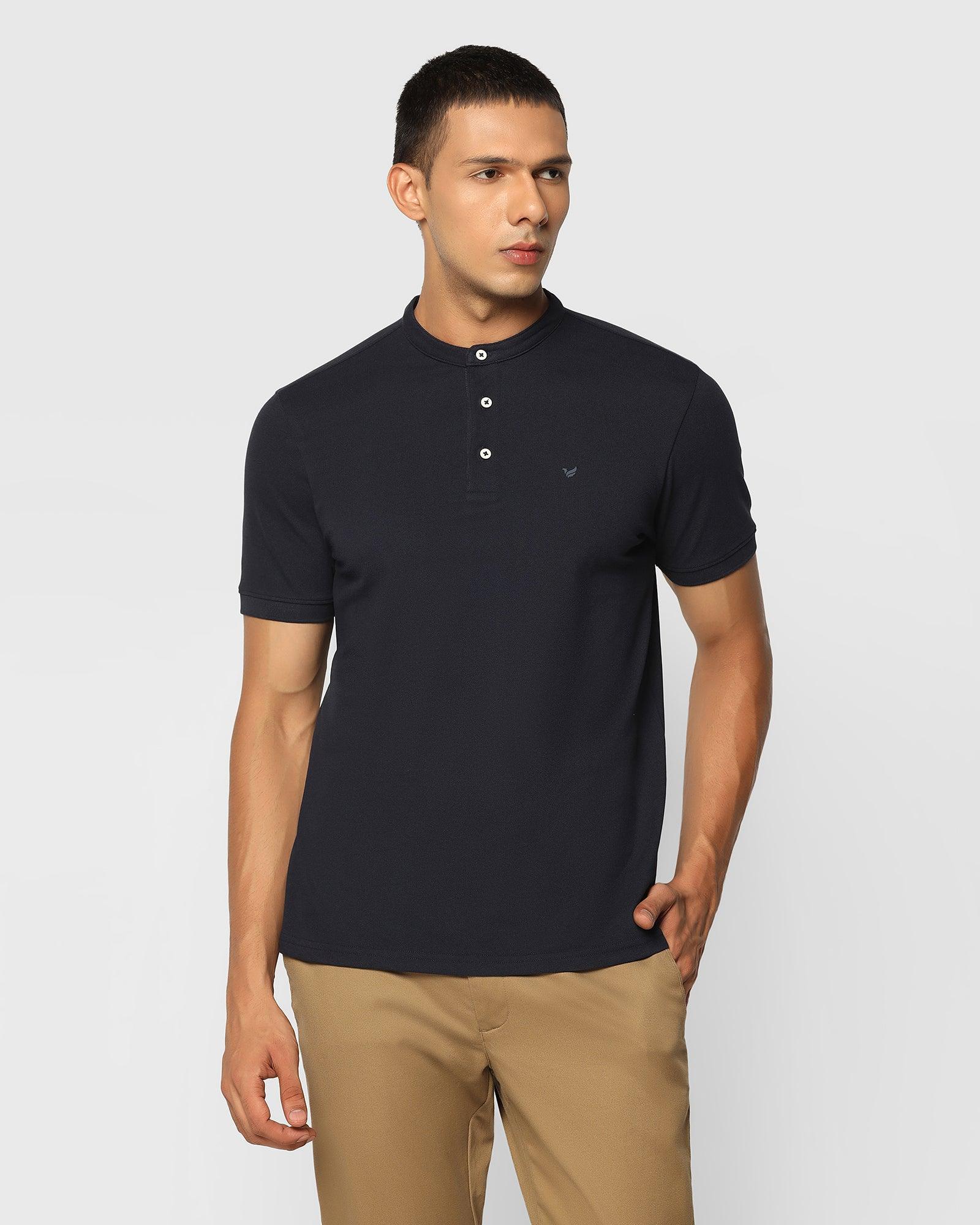 Henley Collar Navy Solid T Shirt - Kell