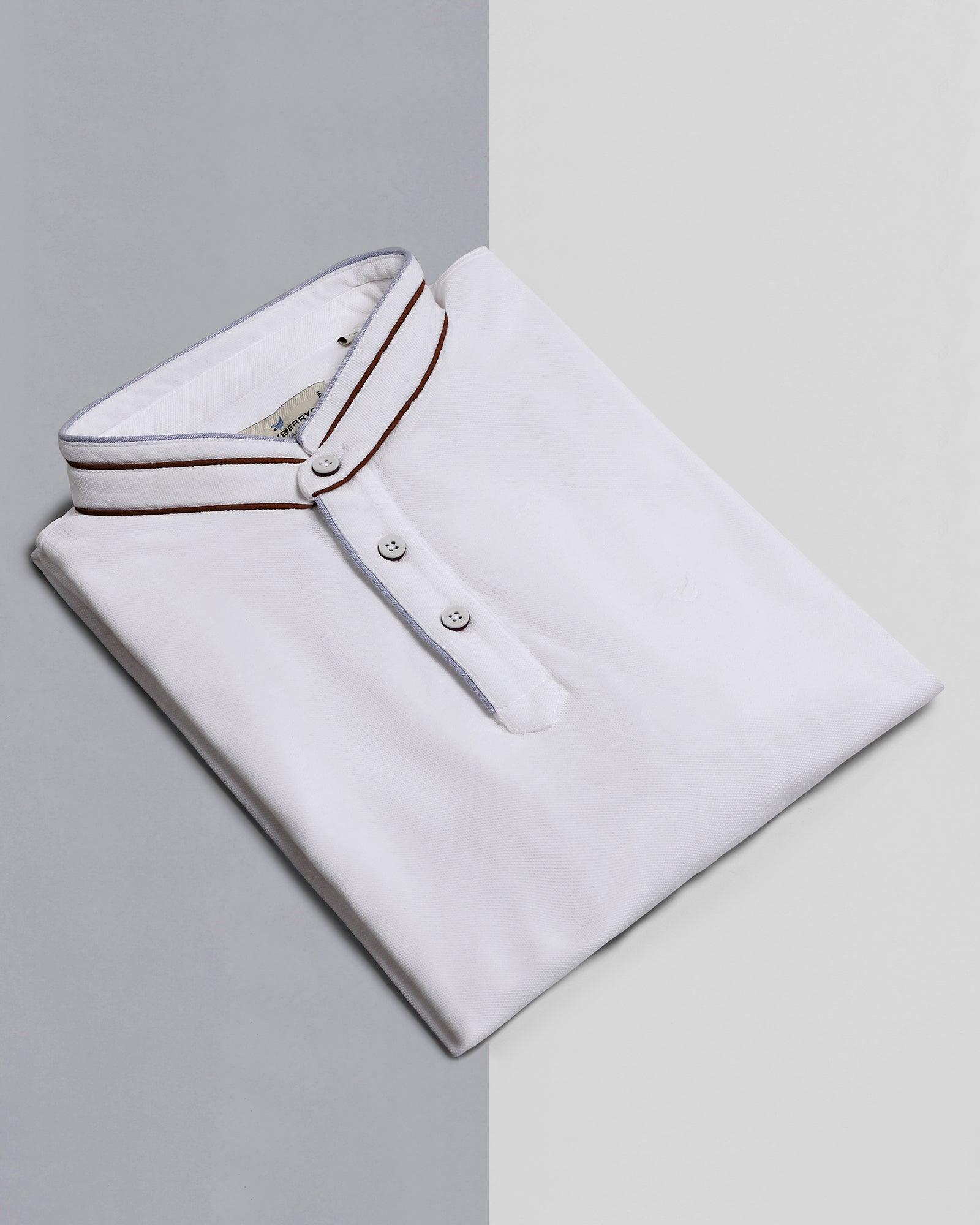 Mandarin Collar White Solid T Shirt - Thomas