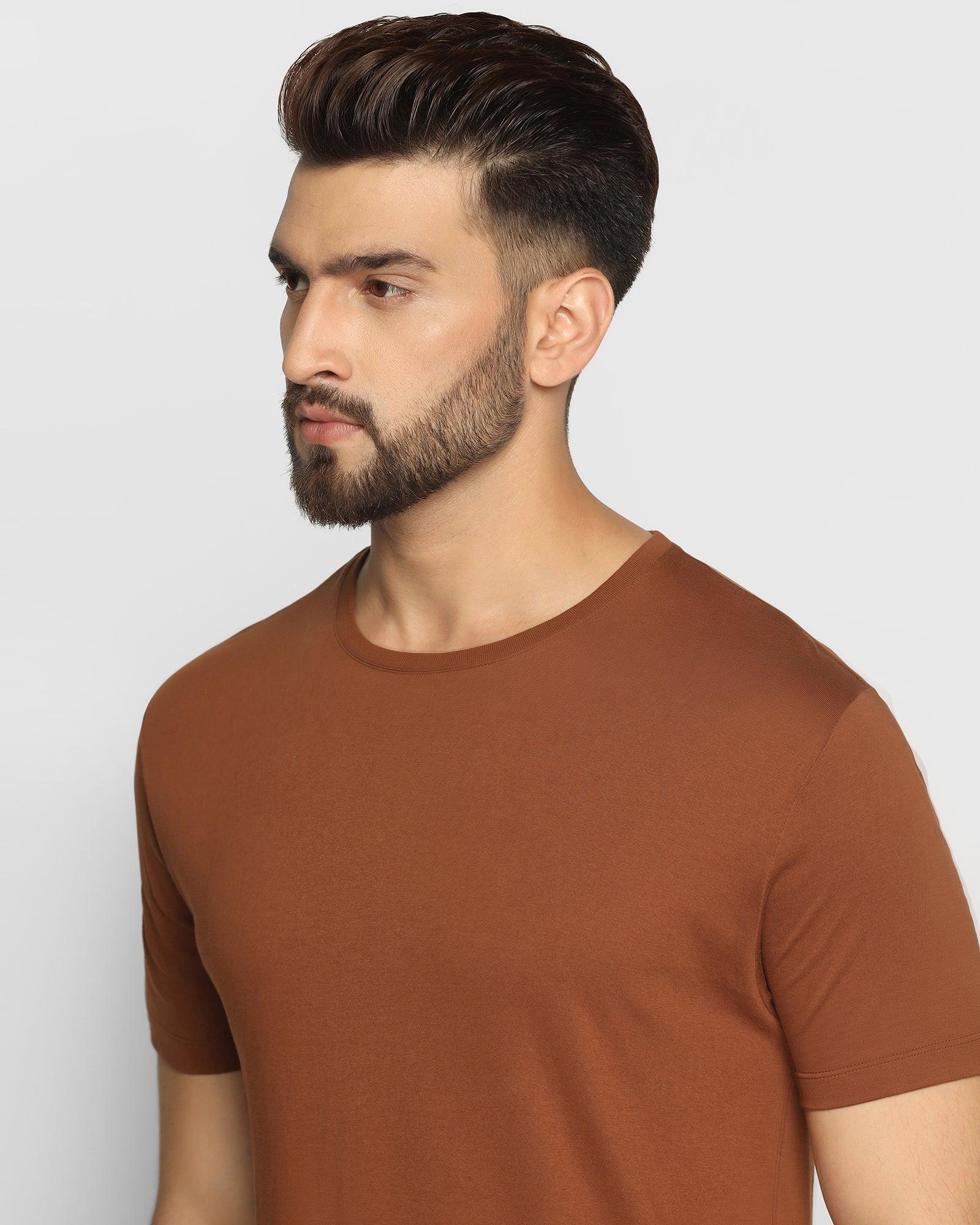 Crew Neck Mid Brown Solid T Shirt - Hola