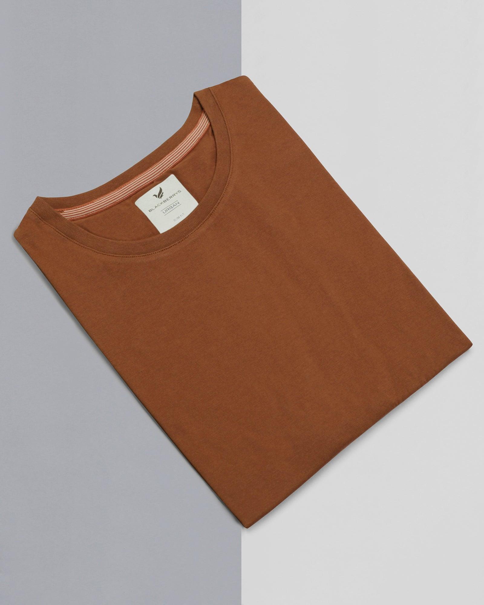 Crew Neck Mid Brown Solid T Shirt - Hola
