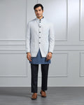 Linen Swarn Three Piece Blue Solid Achkan Set - Anok - Blackberrys