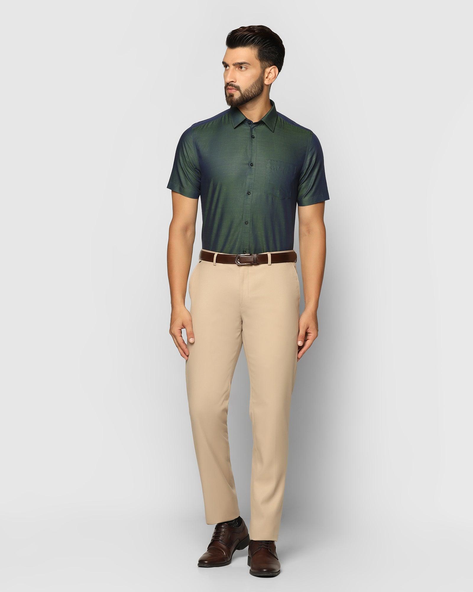 Linen Formal Half Sleeve Green Solid Shirt - Dino