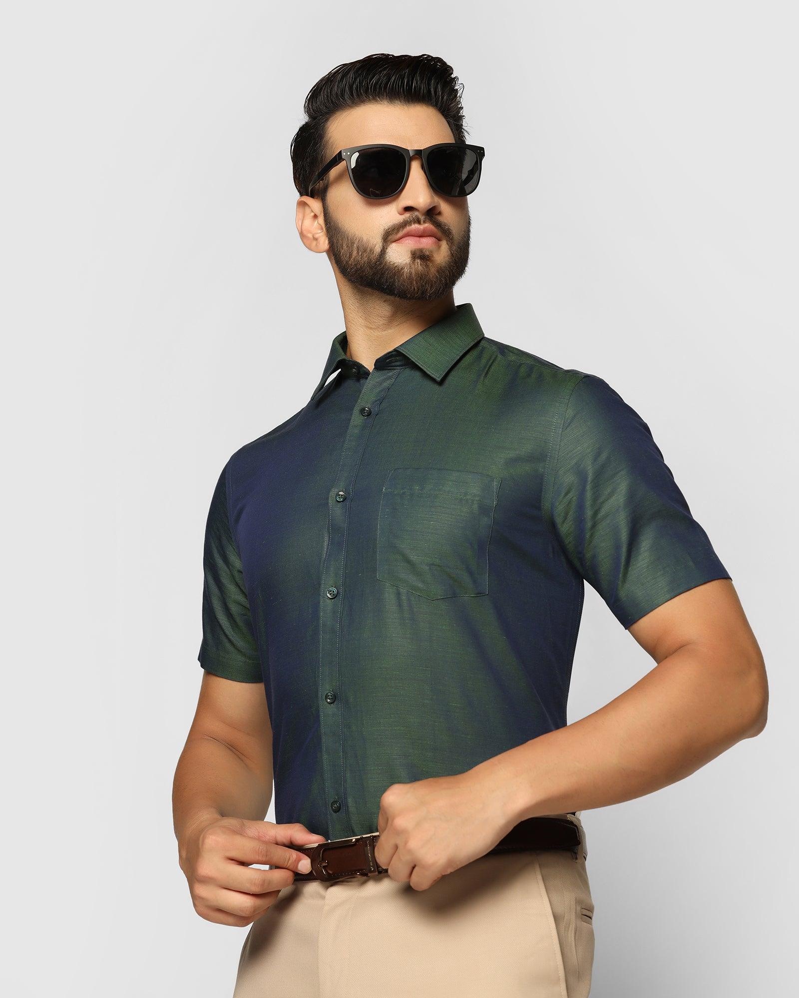 Linen Formal Half Sleeve Green Solid Shirt - Dino