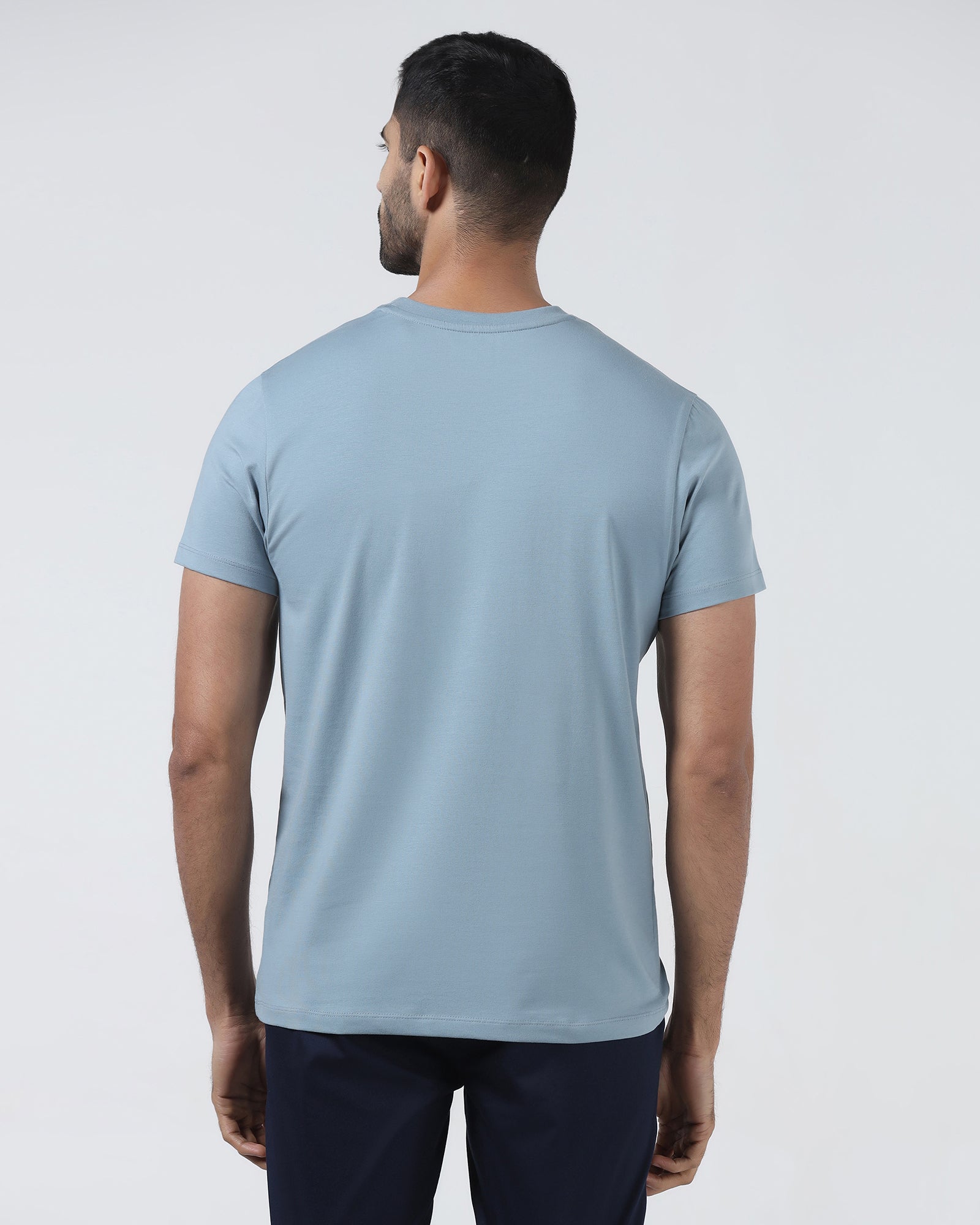 Steel Blue Crew Neck Printed T-Shirt - Petunia