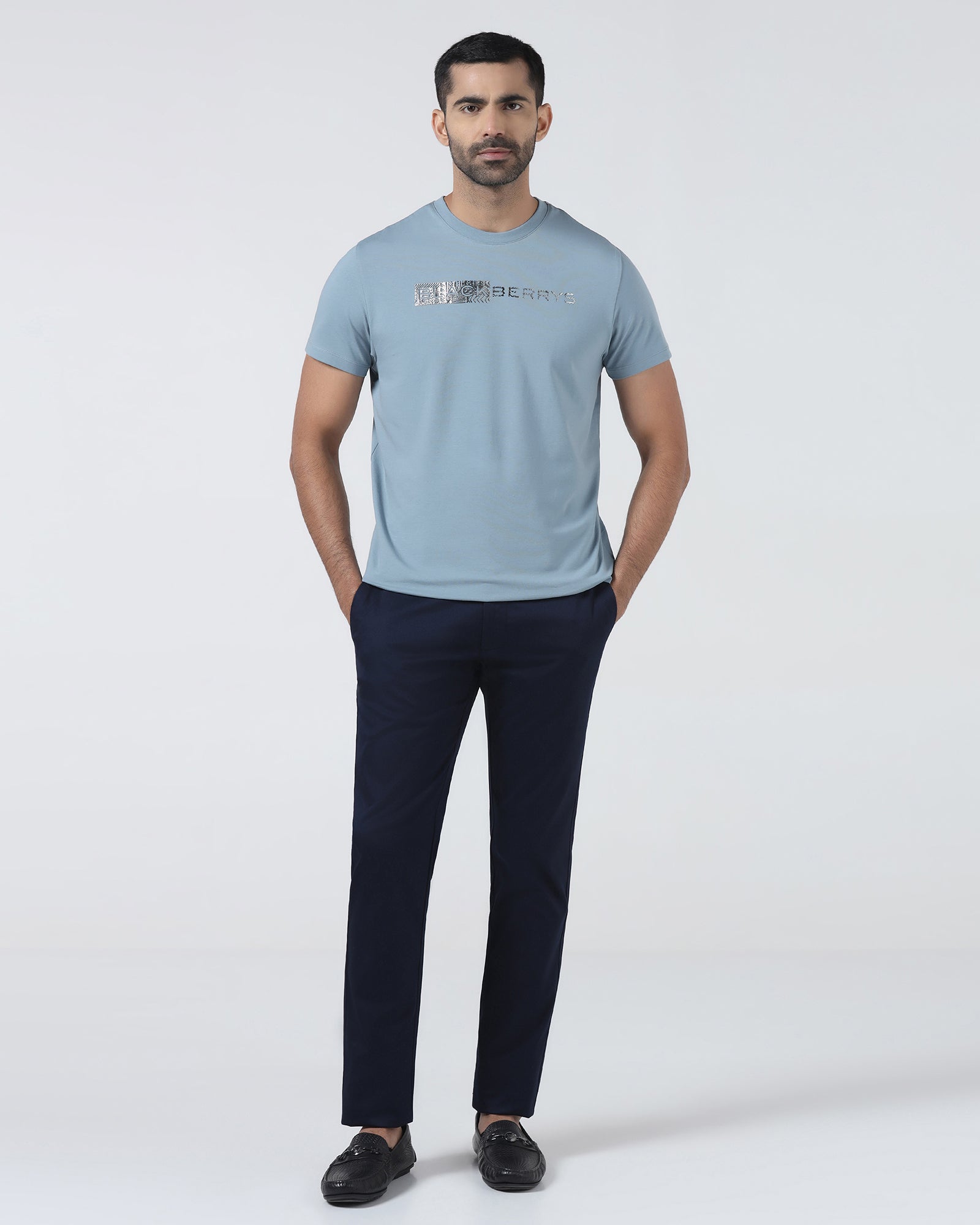 Steel Blue Crew Neck Printed T-Shirt - Petunia