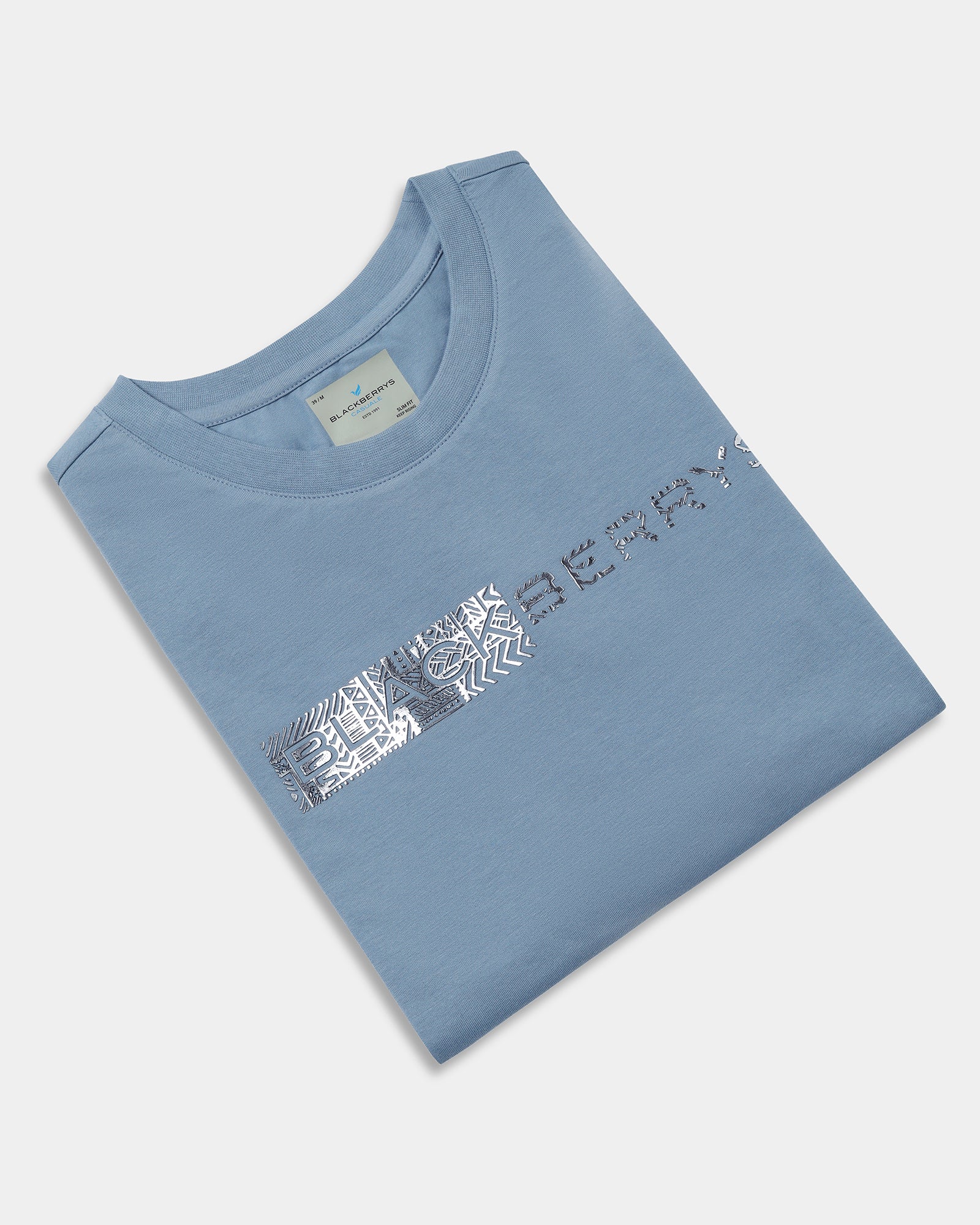Steel Blue Crew Neck Printed T-Shirt - Petunia