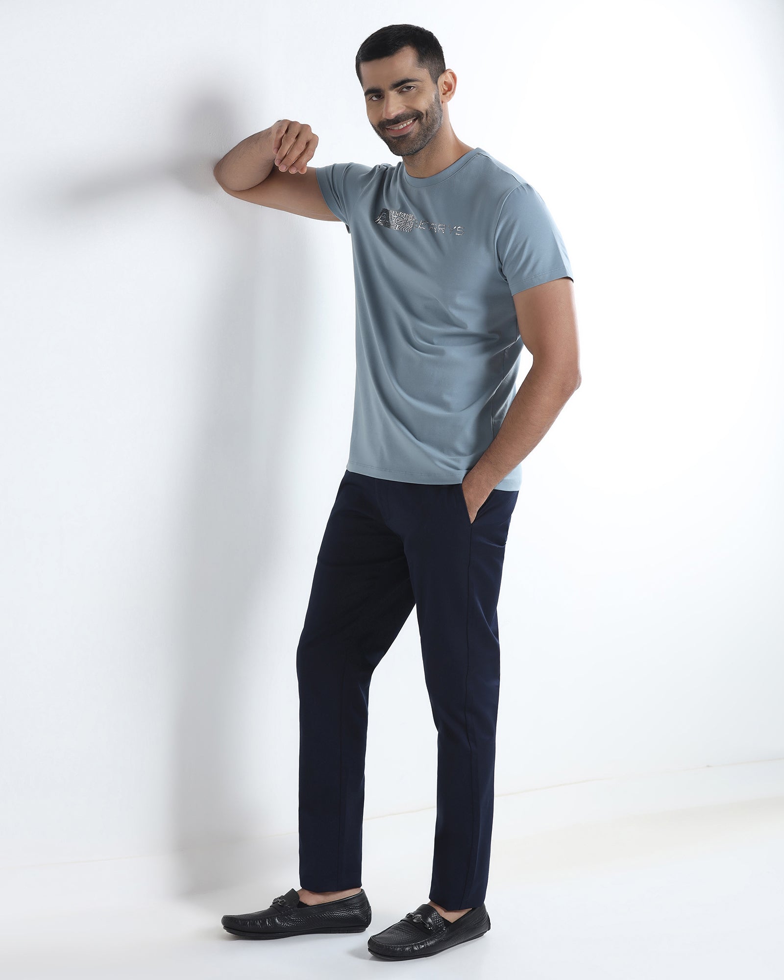 Steel Blue Crew Neck Printed T-Shirt - Petunia