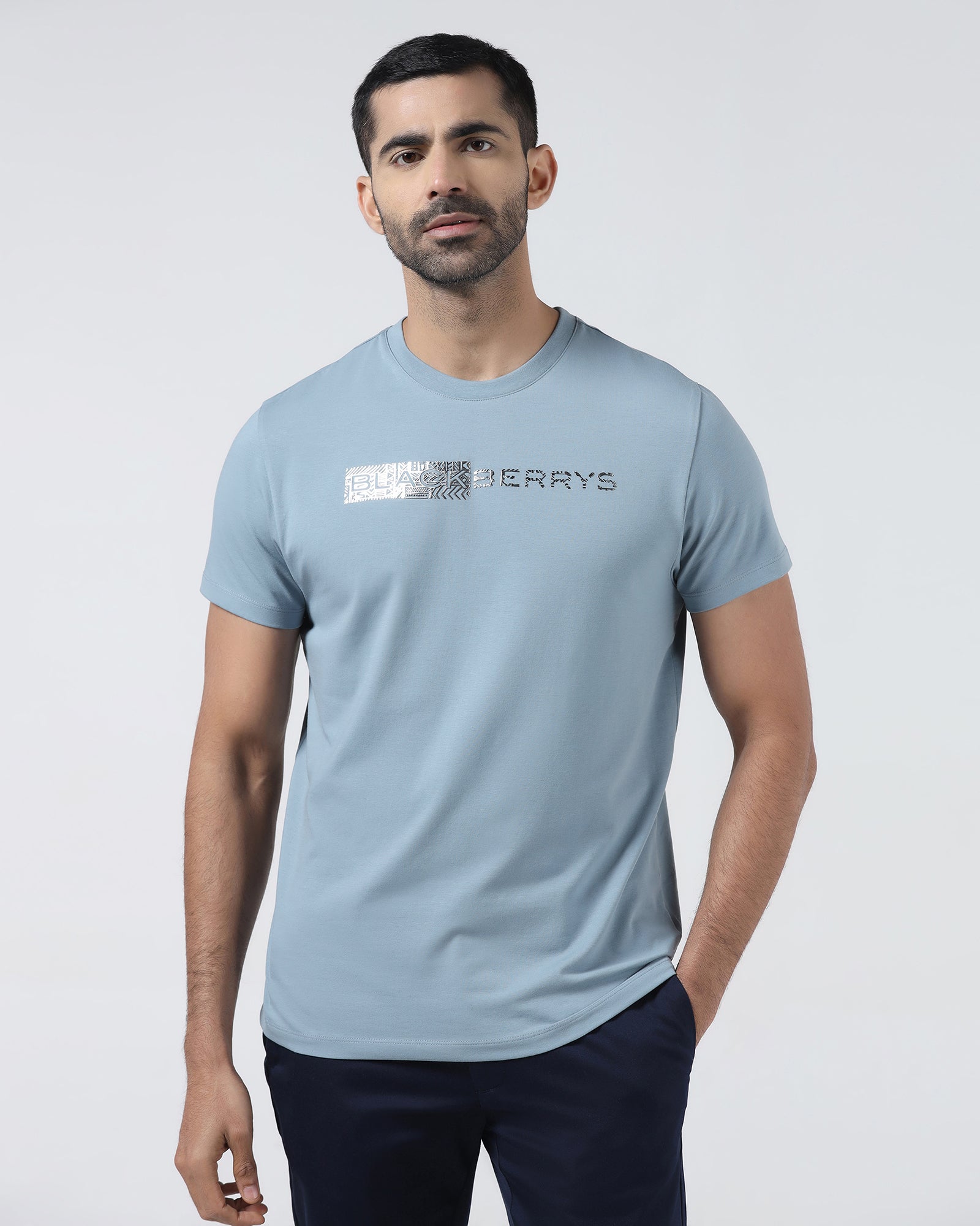 Steel Blue Crew Neck Printed T-Shirt - Petunia