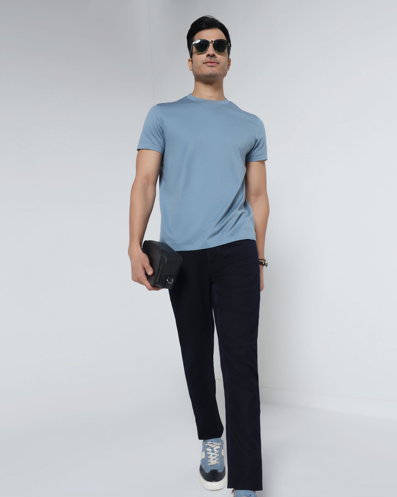 Steel Blue Crew Neck Solid T-Shirt - Peralta