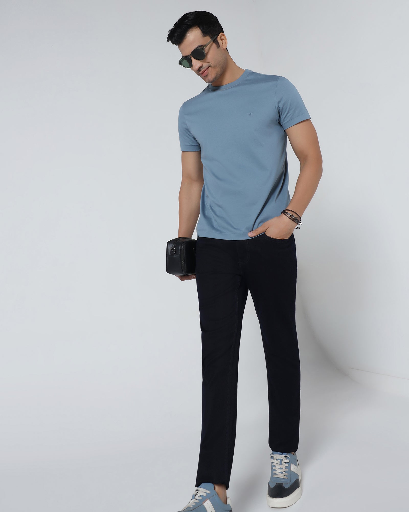 Steel Blue Crew Neck Solid T-Shirt - Peralta