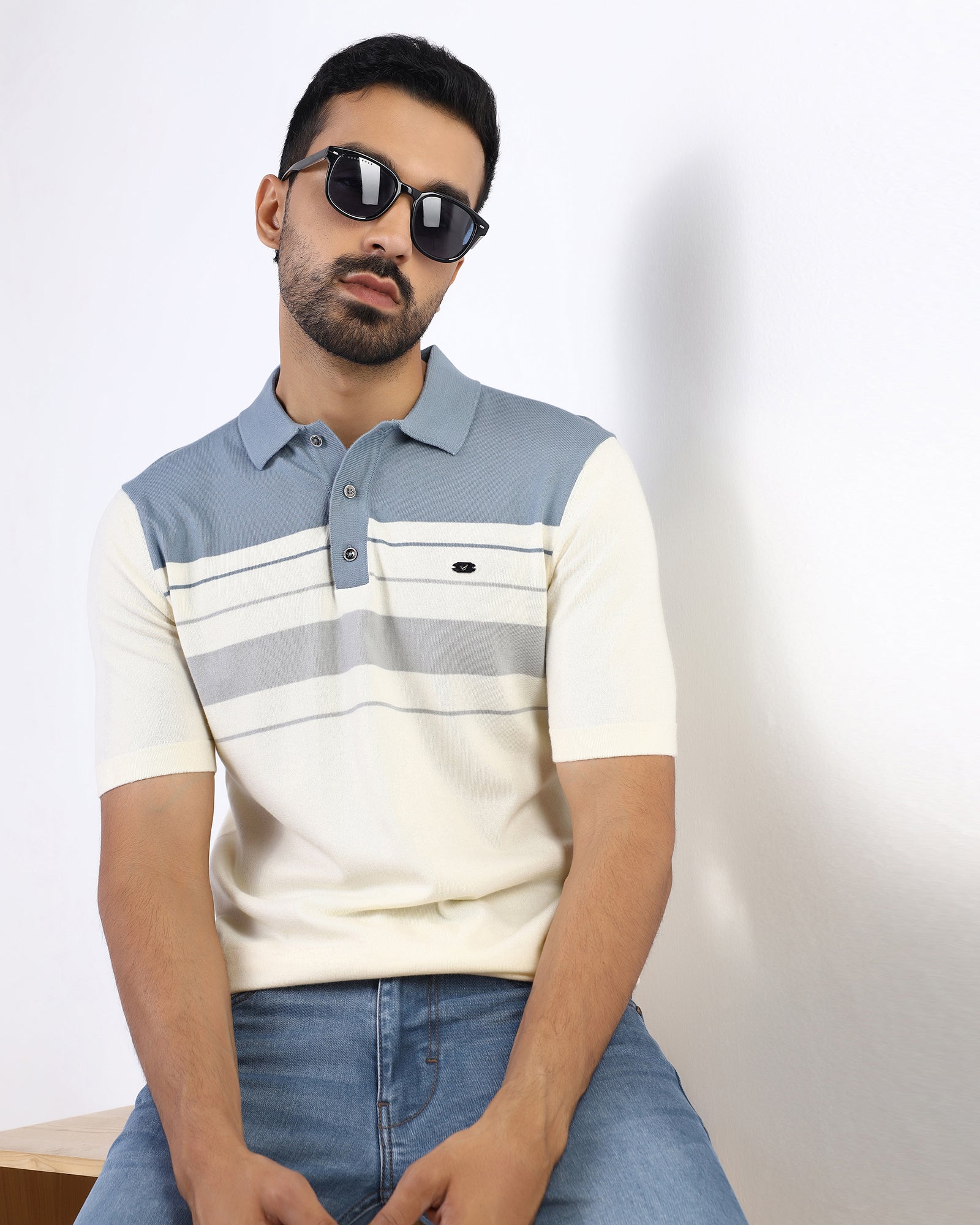 Steel Blue Stripe Polo - Aurora