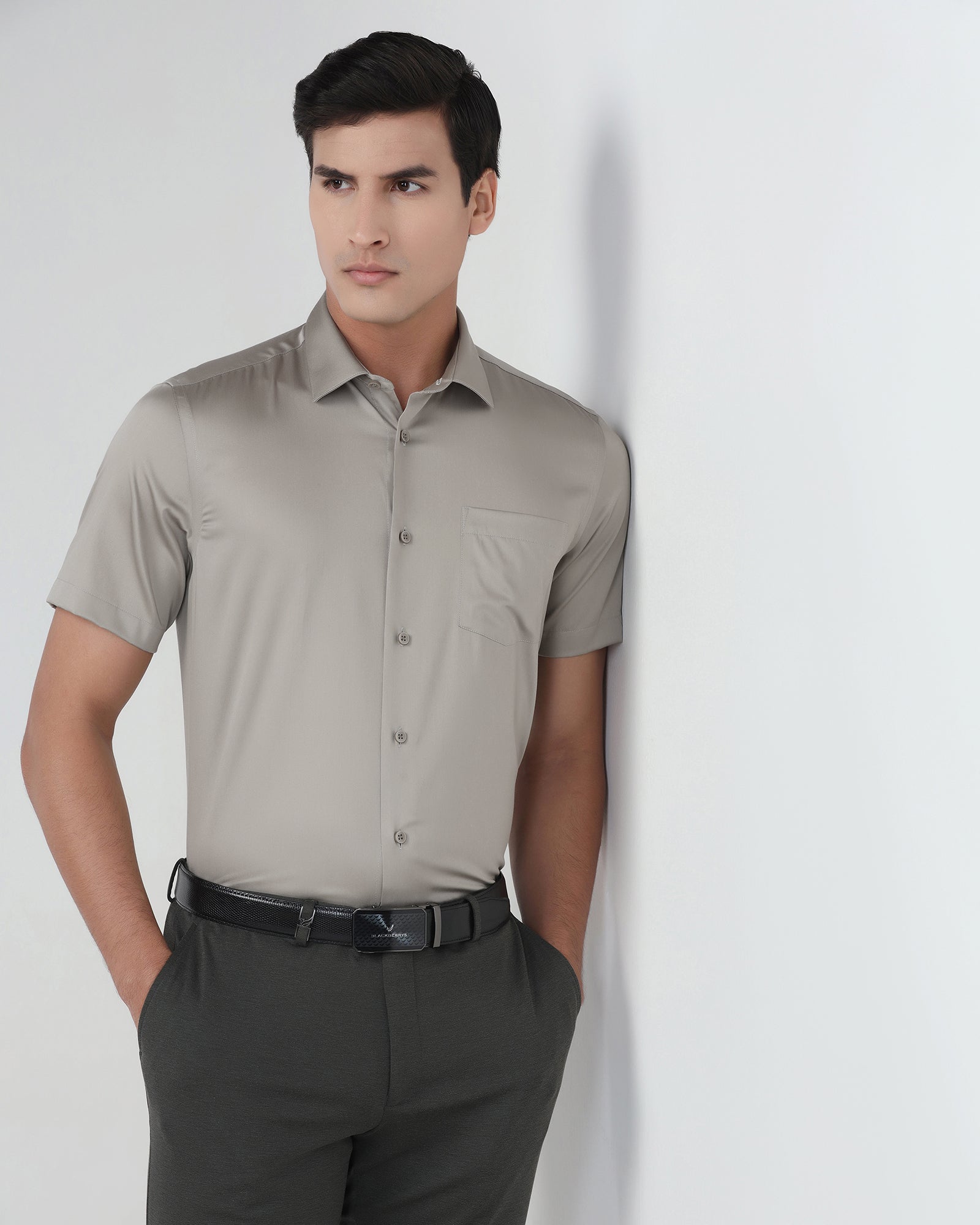 Stone Half Sleeve Unwrinkle Solid Shirt - Sylvia