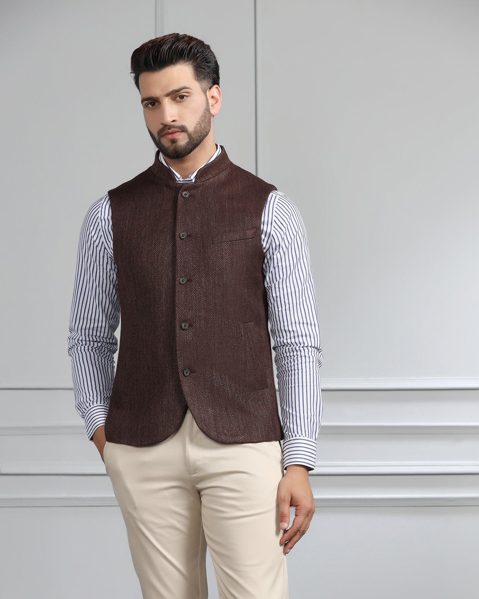 Bandhgala Casual Rust Striped Waistcoat - Silvan