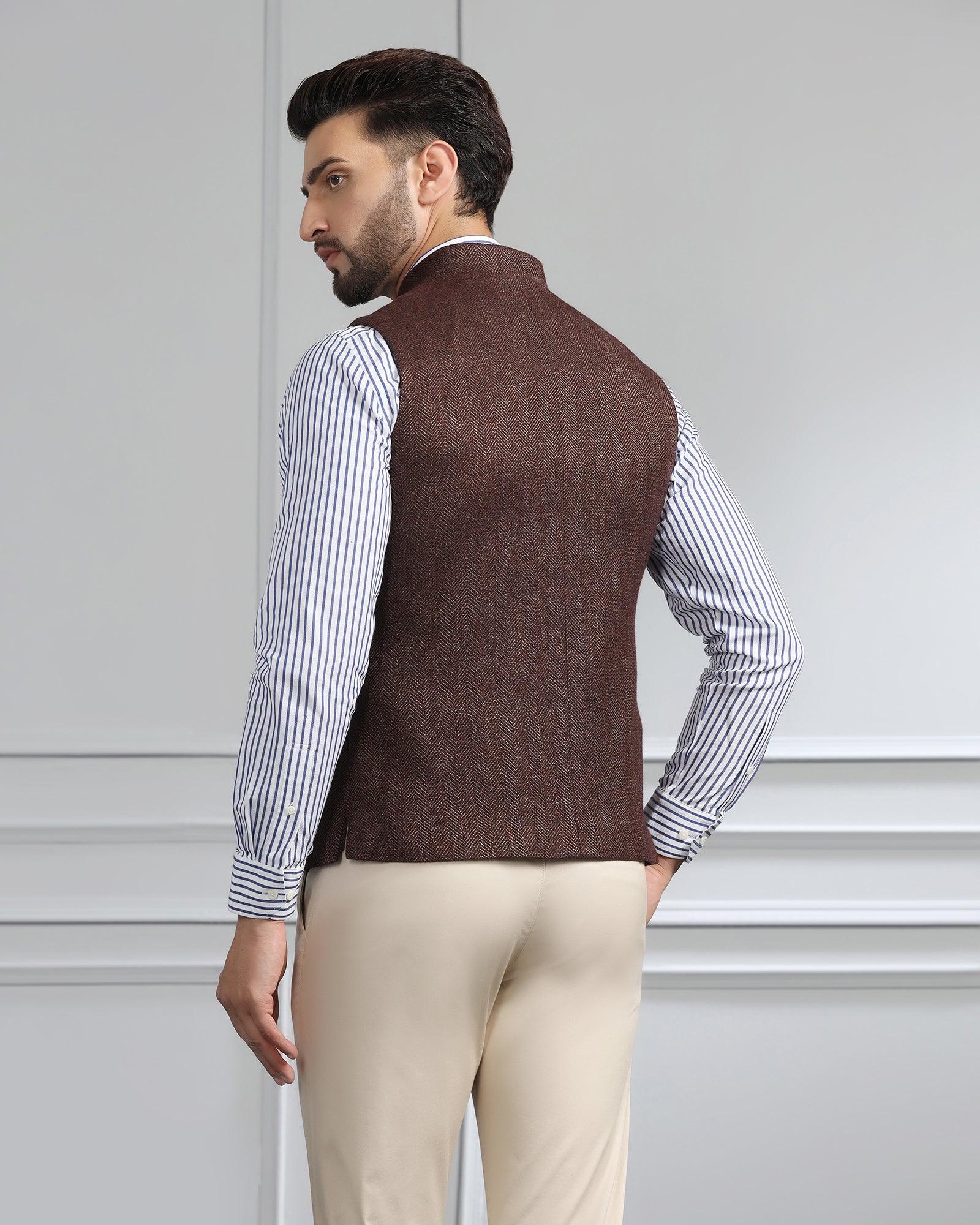 Bandhgala Casual Rust Striped Waistcoat - Silvan - Blackberrys