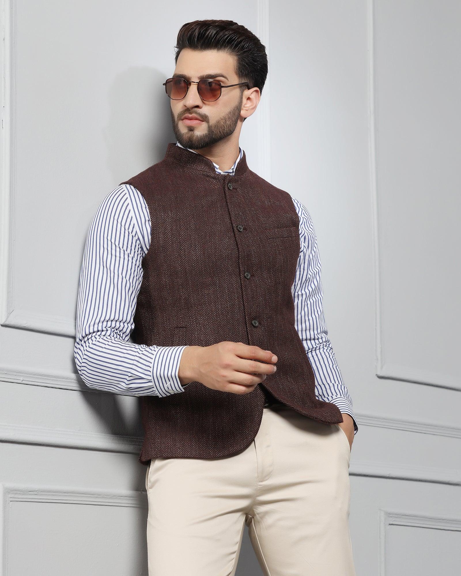 Bandhgala Casual Rust Striped Waistcoat - Silvan - Blackberrys