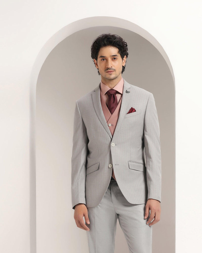 Three Piece Grey Striped Formal Suit - Strippey