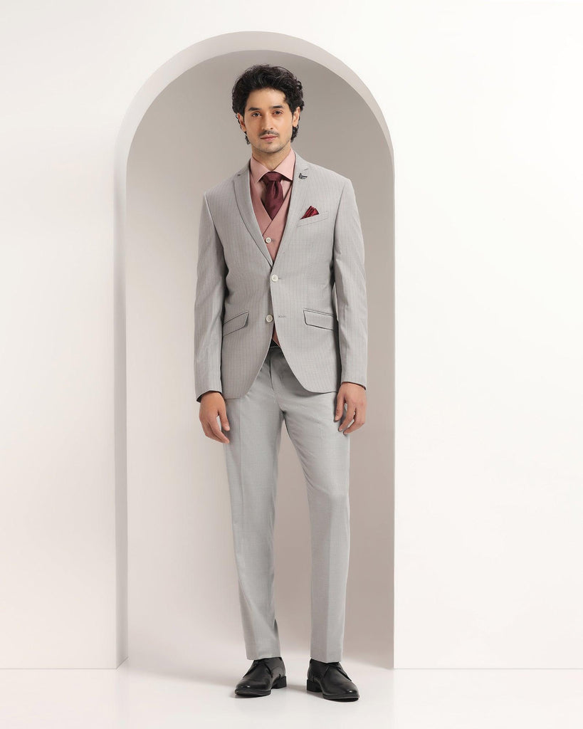 Three Piece Grey Striped Formal Suit - Strippey