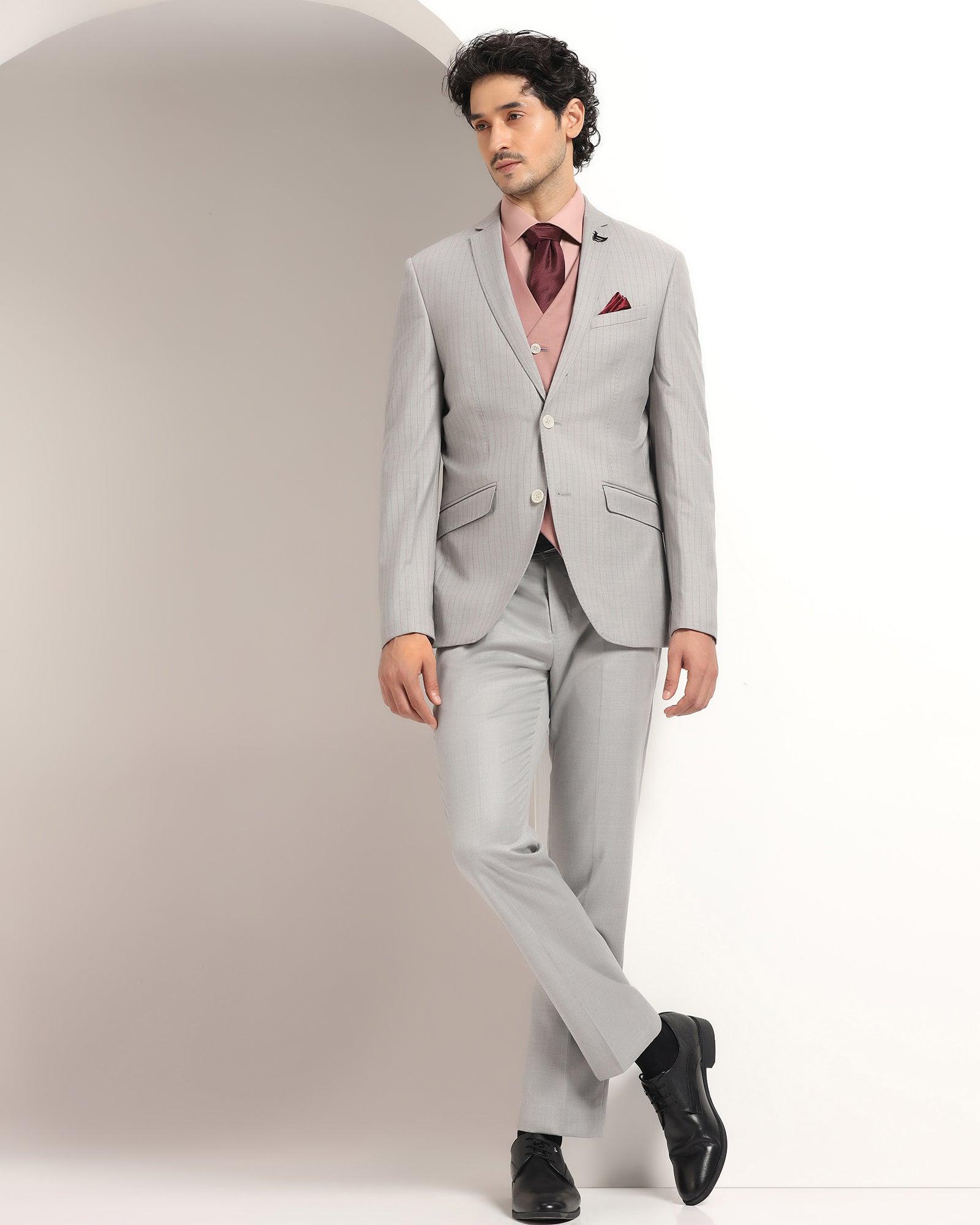 Three Piece Grey Striped Formal Suit - Strippey