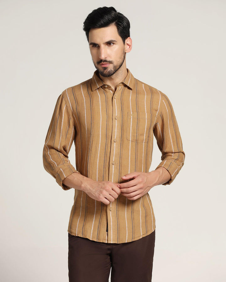 Linen Casual Brown Striped Shirt - Jade