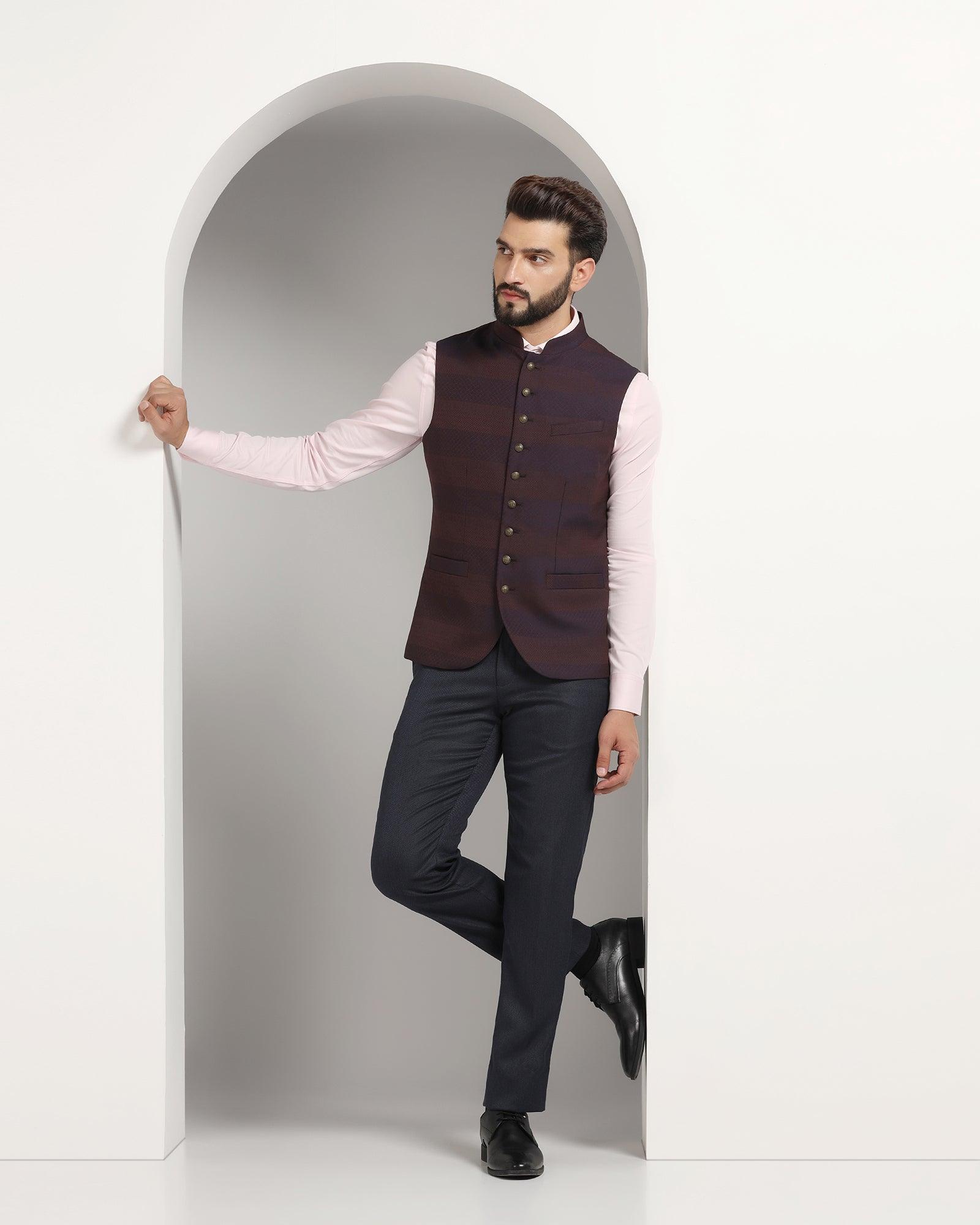 Bandhgala Formal Wine Striped Waistcoat - Korlan - Blackberrys