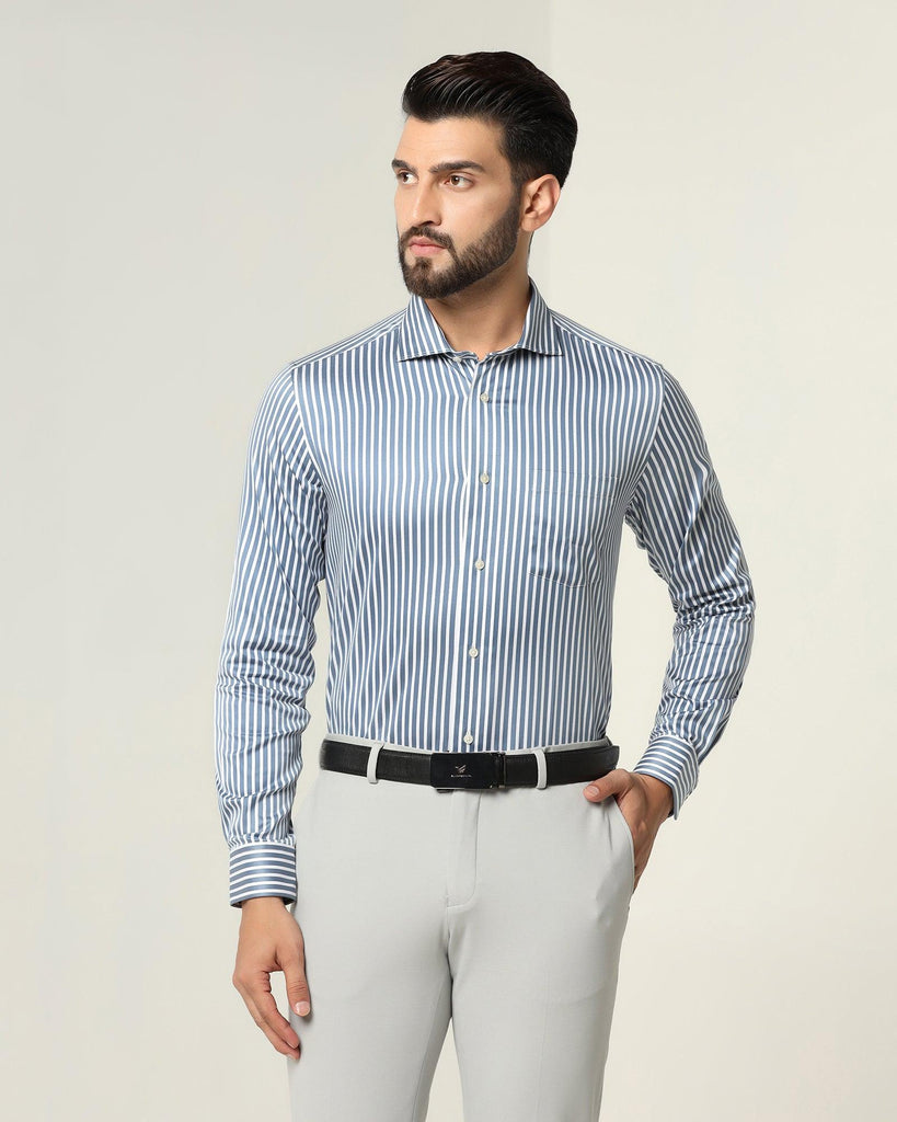 Formal Petrol Blue Striped Shirt - Pitt