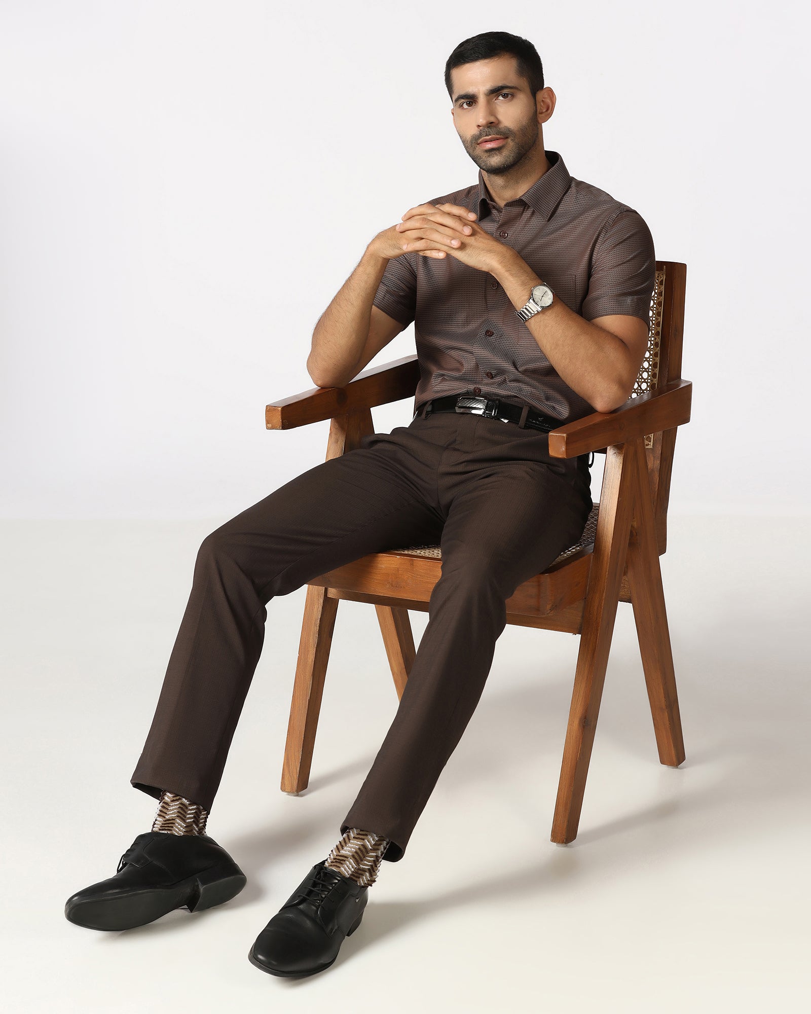 Tan Half Sleeve Textured Shirt - Recite