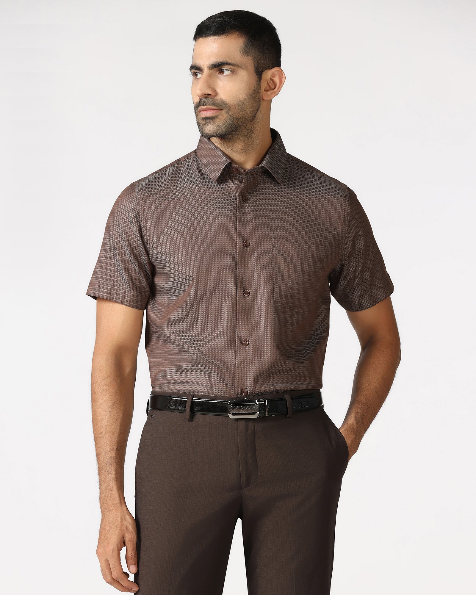 Tan Half Sleeve Textured Shirt - Recite