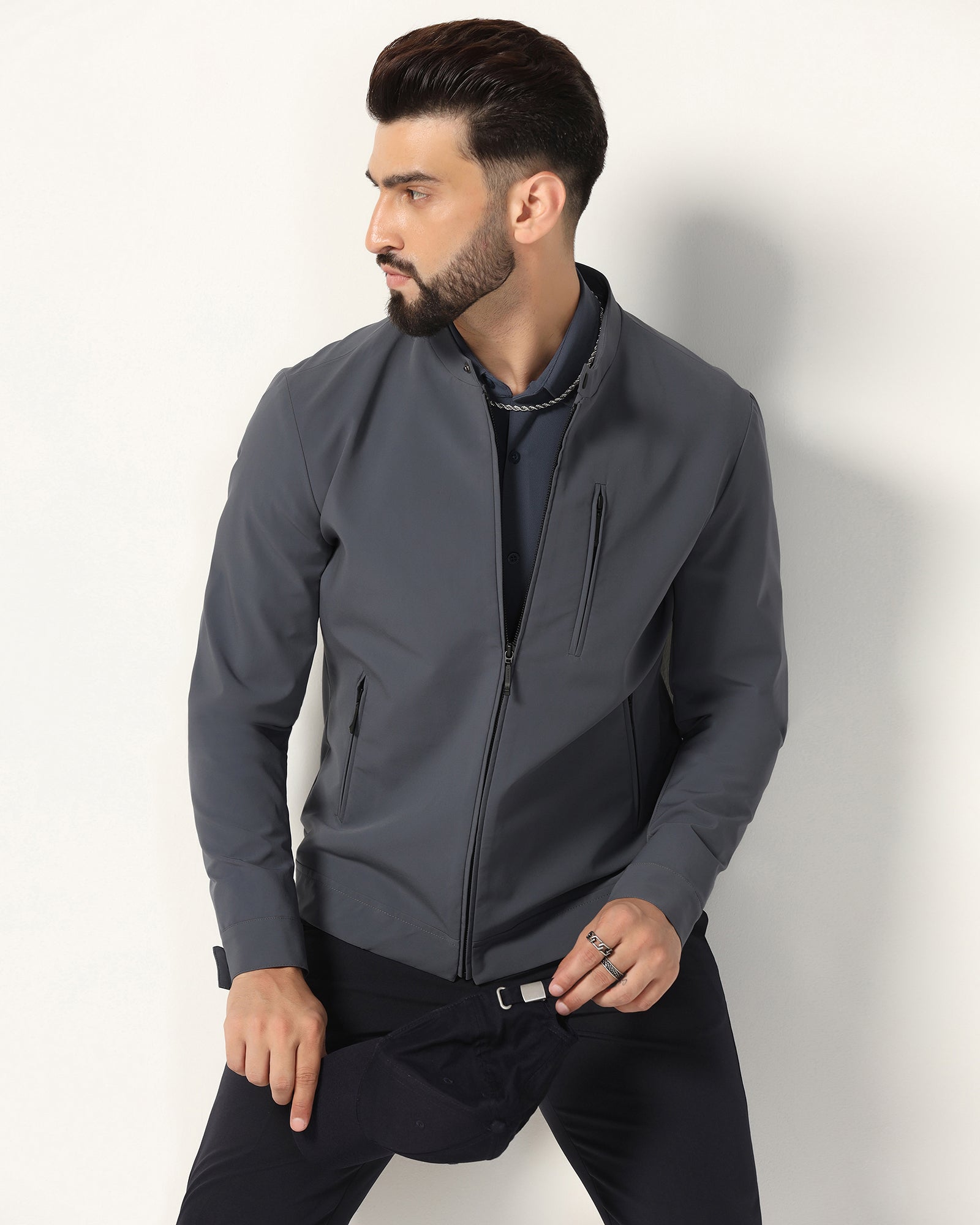 TechPro Dark Grey Solid Zipper Jacket - Captiva