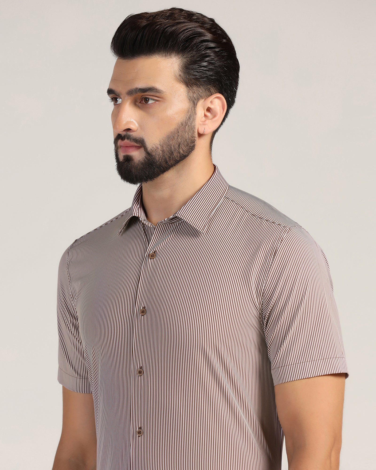 TechPro Formal Half Sleeve Brown Stripe Shirt - Vega