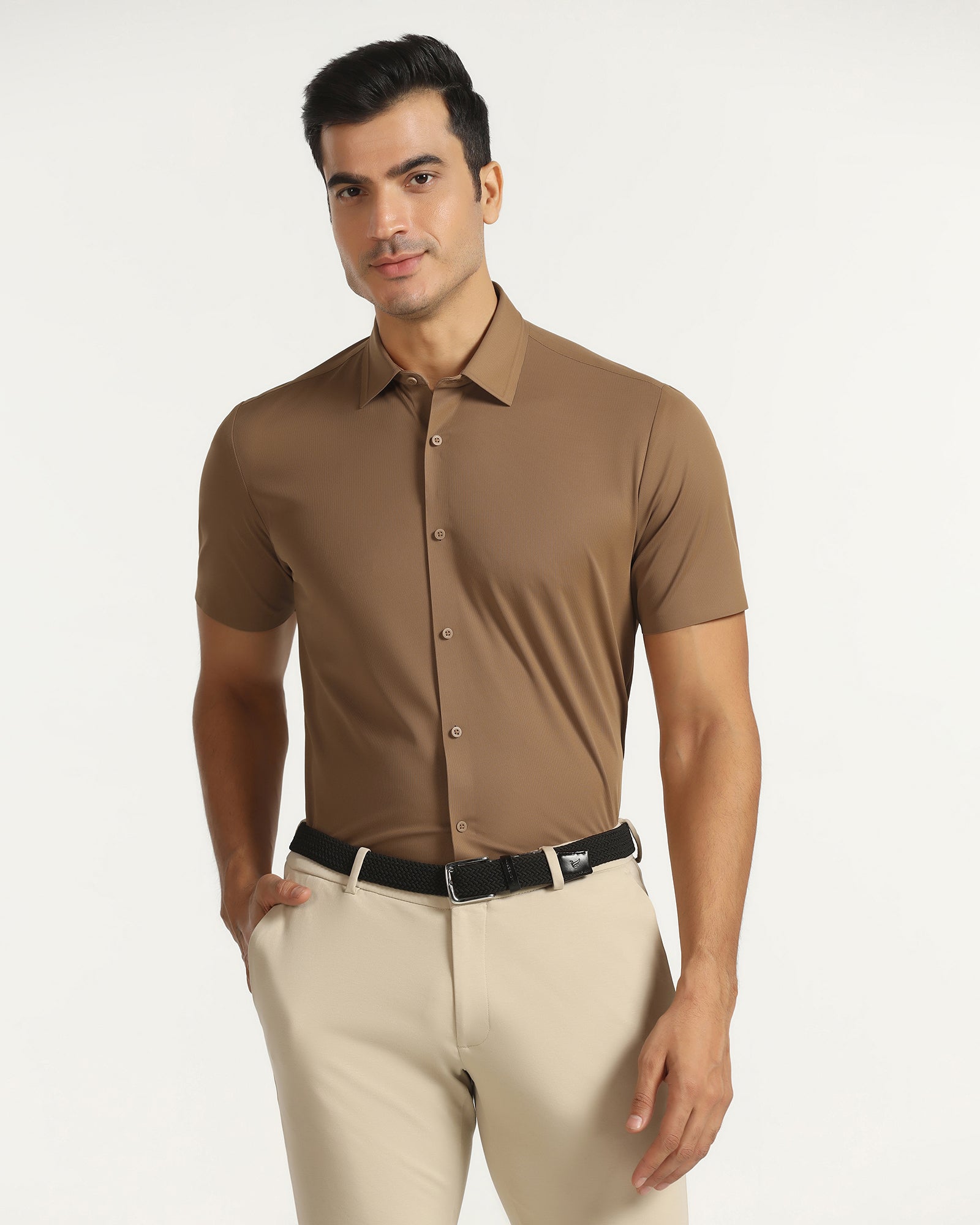 TechPro Formal Half Sleeve Ochre Textured Shirt - Karabi