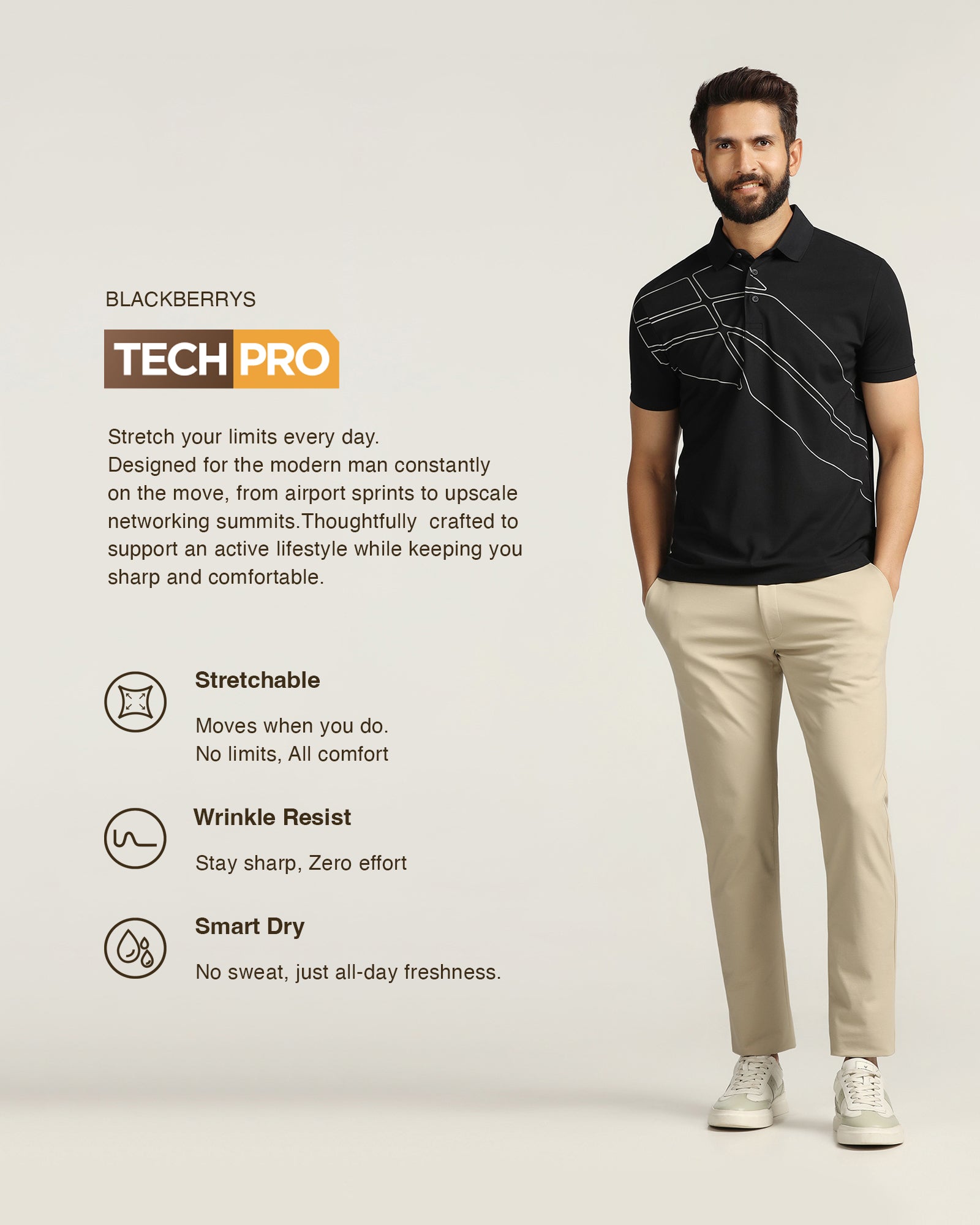 TechPro Slim Fit B-91 Casual Beige Solid Khakis - Ziea