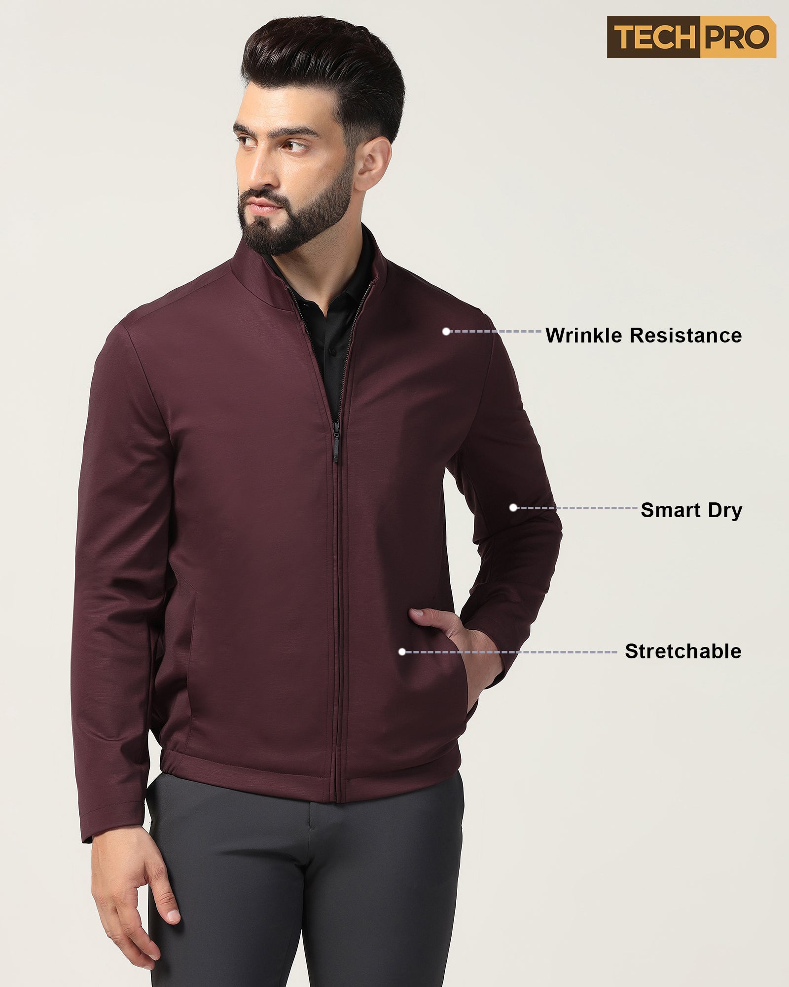 TechPro Wine Solid Zipper Jacket - Ioniq