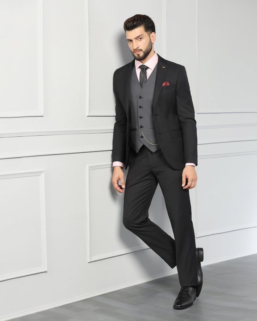 Luxe Three Piece Charcoal Textured Formal Suit - Cocktail