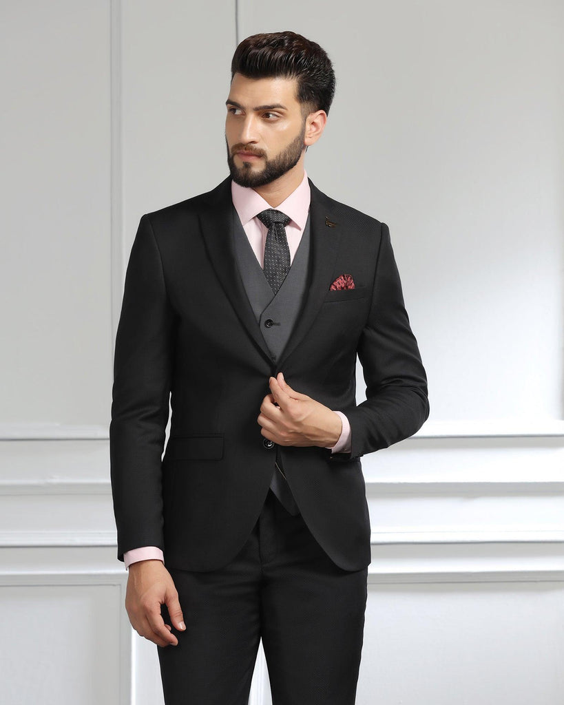 Luxe Three Piece Charcoal Textured Formal Suit - Cocktail