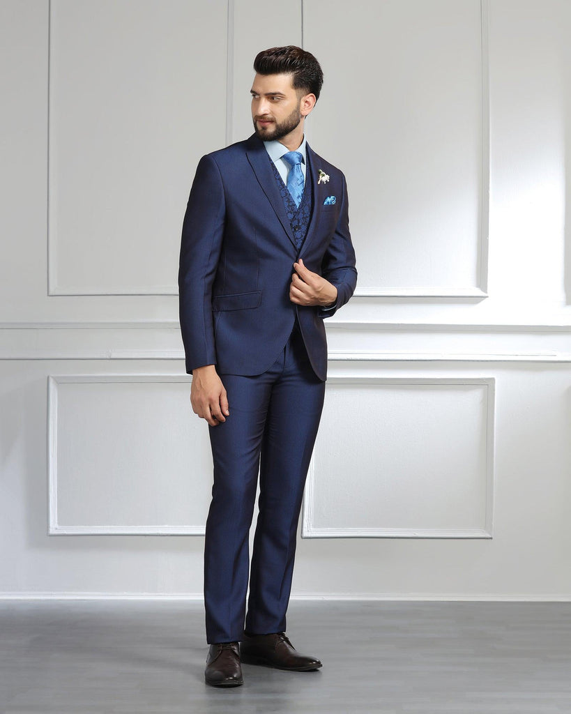 Three Piece Navy Textured Formal Suit - Monto