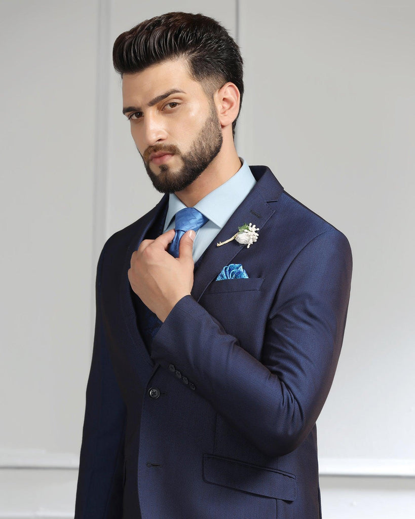 Three Piece Navy Textured Formal Suit - Monto