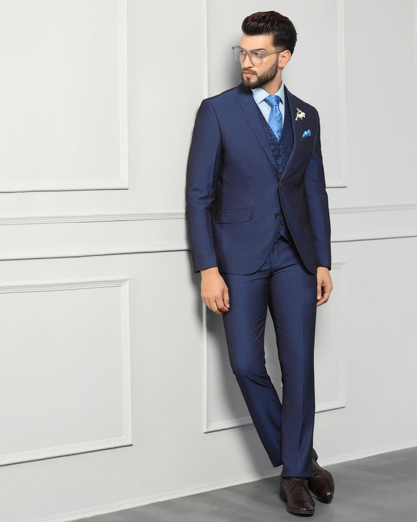 Three Piece Navy Textured Formal Suit - Monto