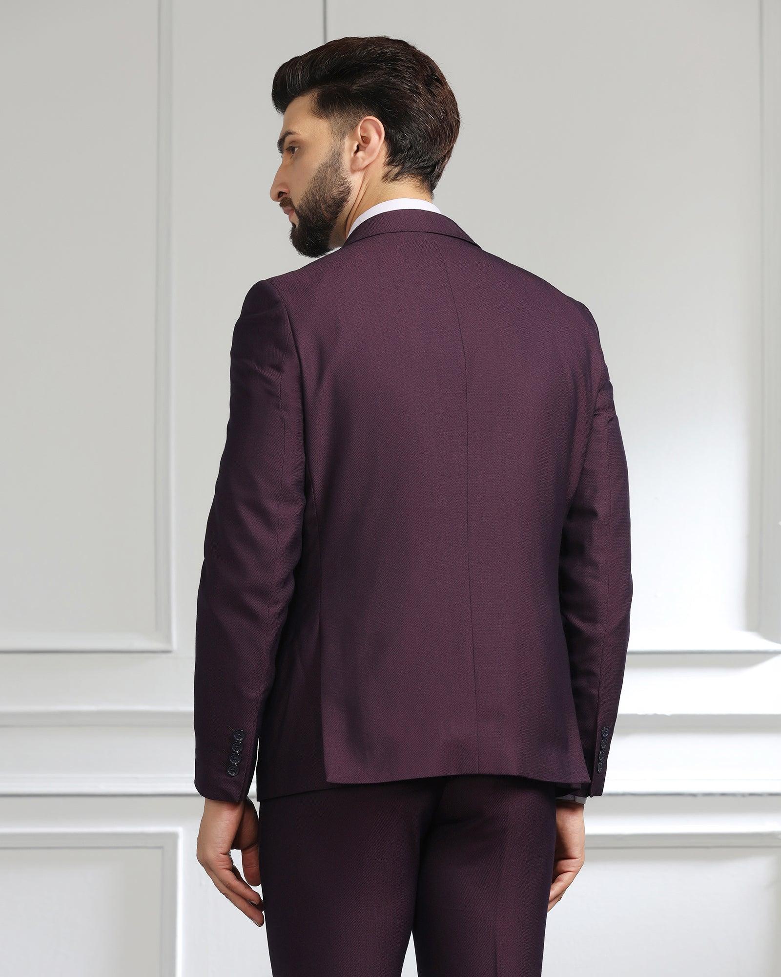 Men Purple Textured Slim Fit Wedding Three Piece Suit