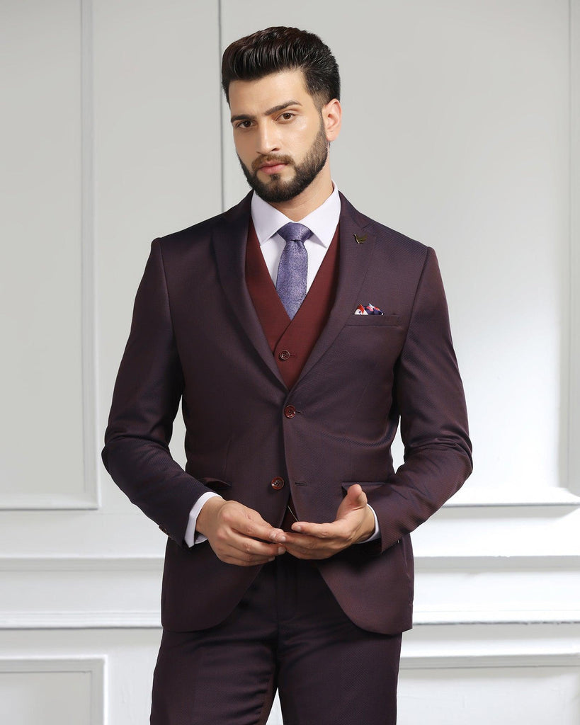 Luxe Three Piece Wine Textured Formal Suit - Cocktail