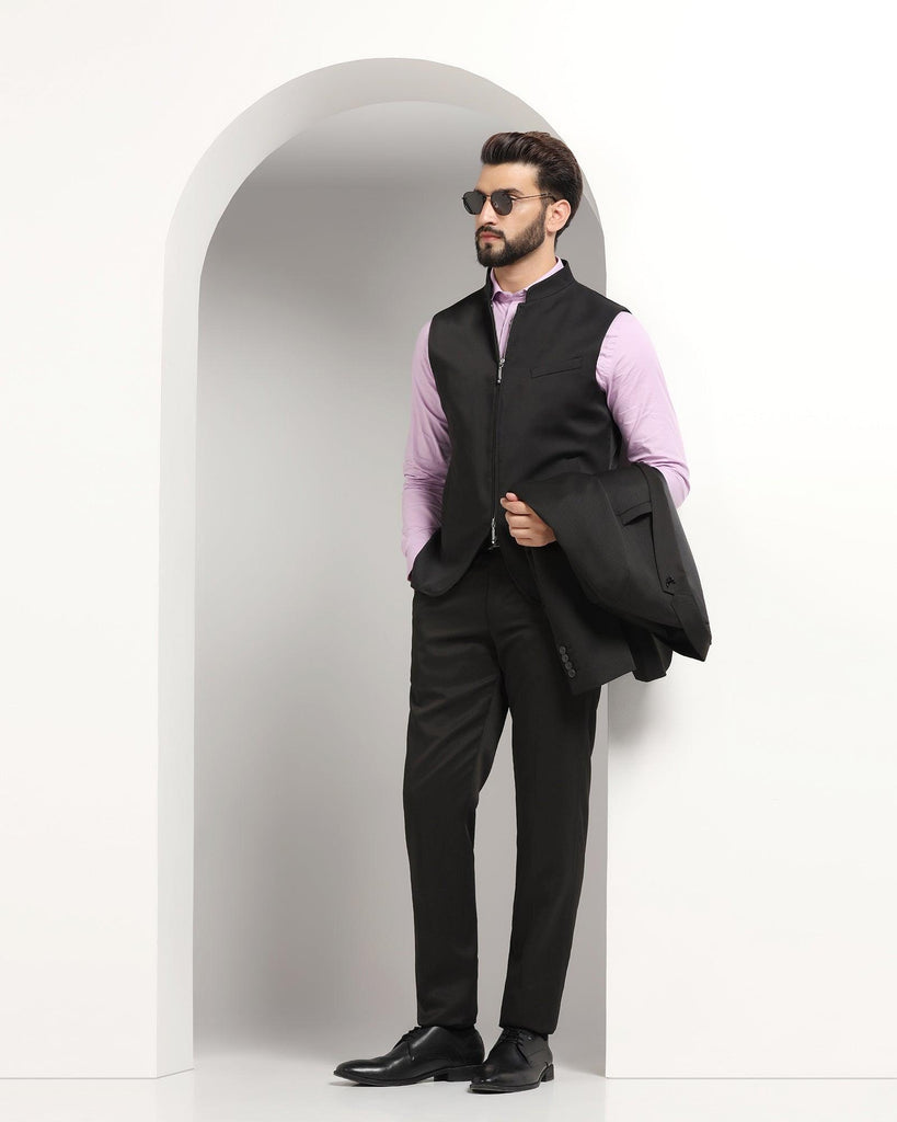 Three Piece Black Textured Formal Suit - Nosfer